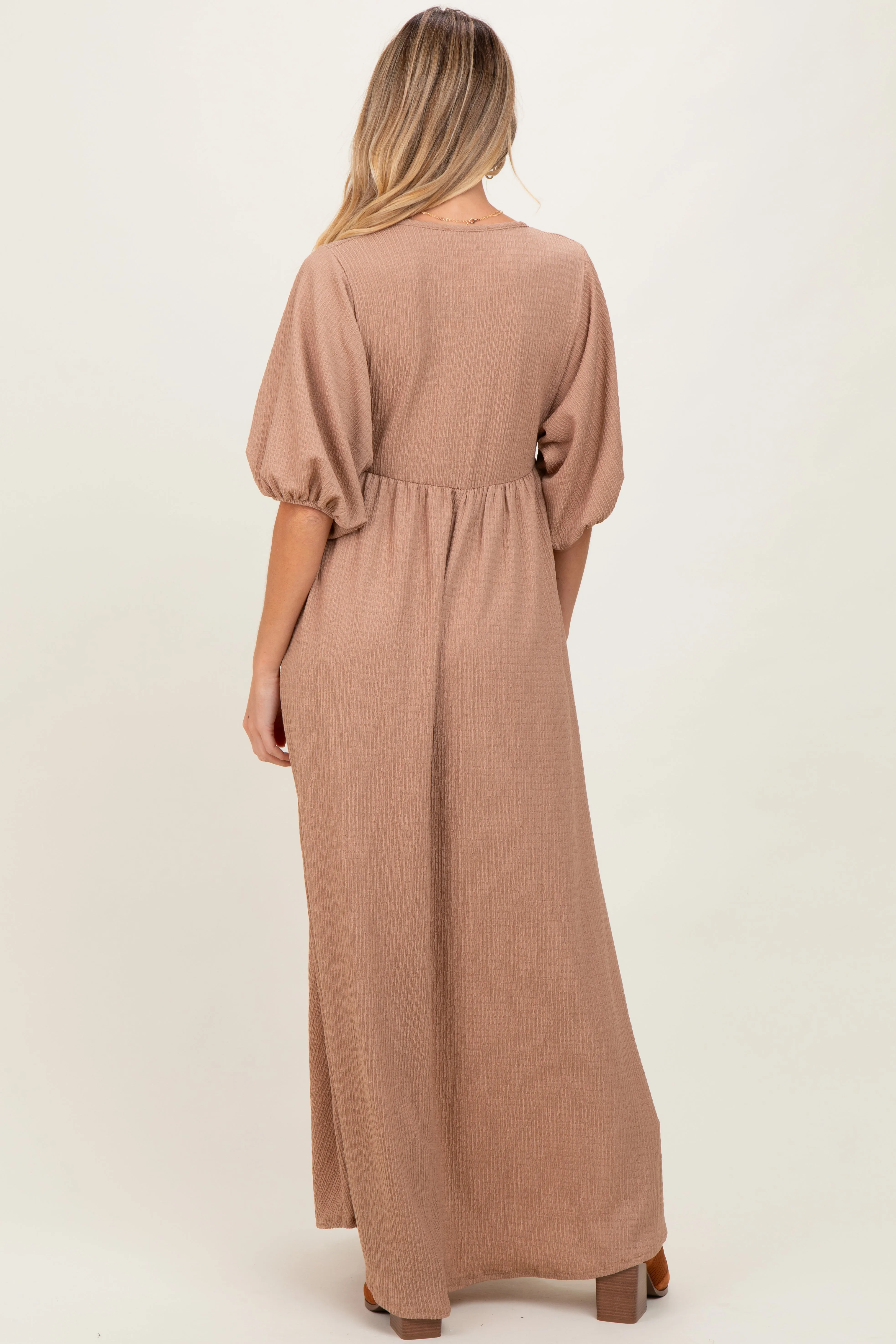 Beige Solid Woven 3/4 Sleeve V-Neck Button Down Maternity Maxi Dress sold by Pinkblush product image thumbnail 4
