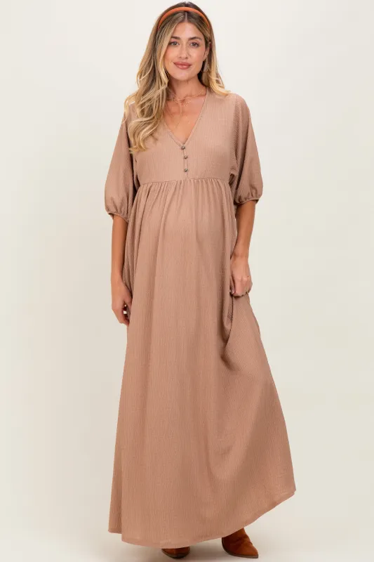 Beige Solid Woven 3/4 Sleeve V-Neck Button Down Maternity Maxi Dress sold by Pinkblush