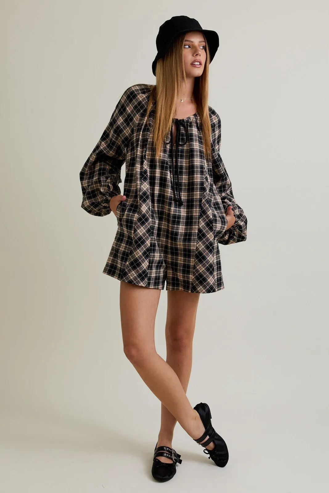 Black Beige Plaid Romper sold by Pinkblush product image thumbnail 4