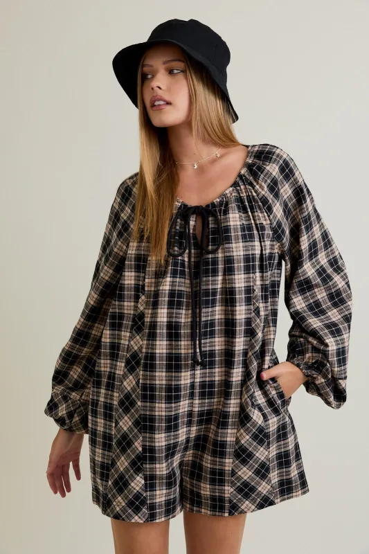 Black Beige Plaid Romper sold by Pinkblush