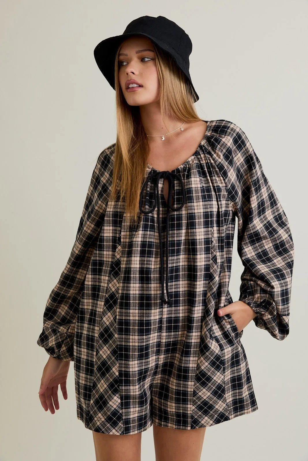 Black Beige Plaid Romper sold by Pinkblush