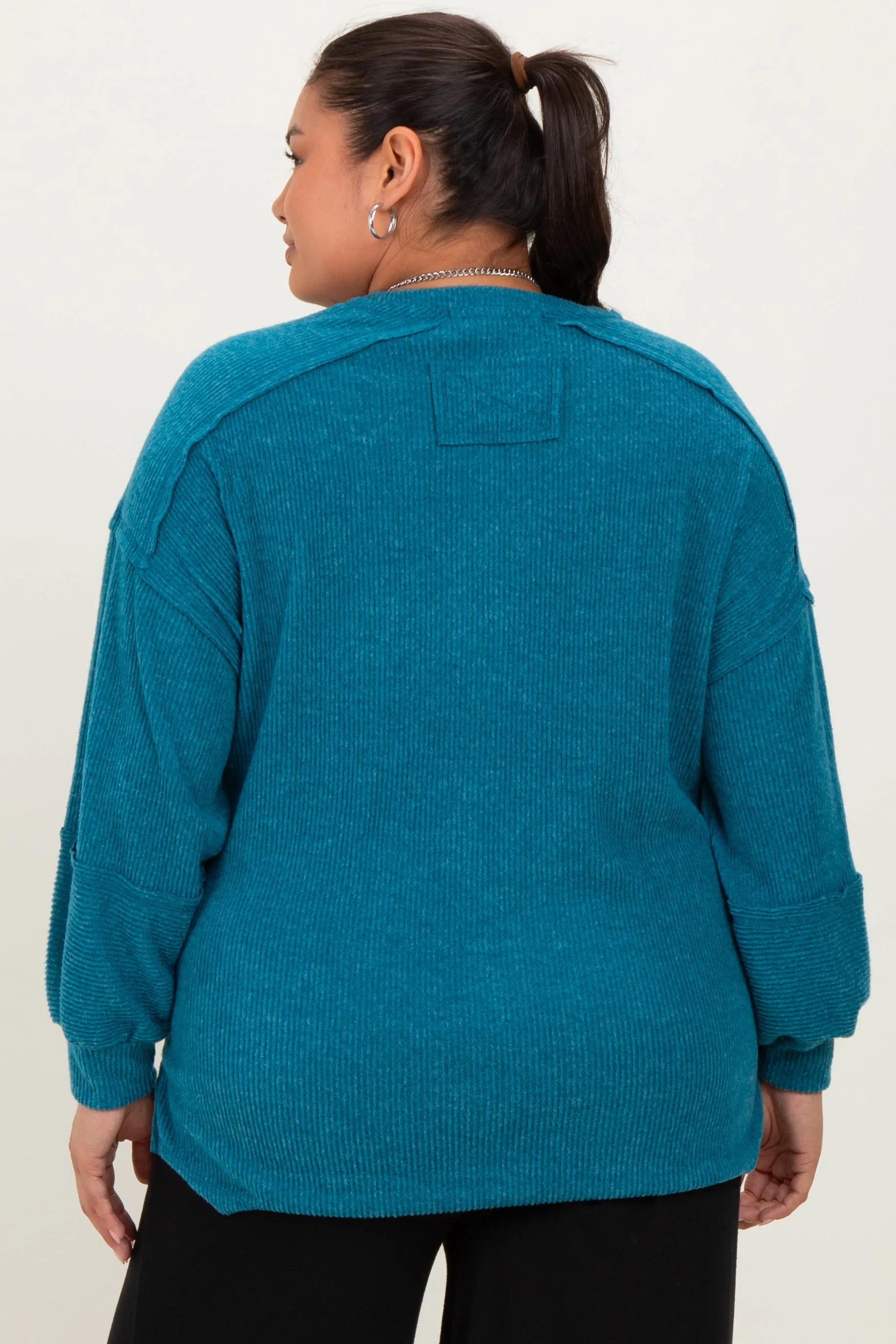 Teal Oversized Ribbed Knit Henley Plus Sweater sold by Pinkblush product image thumbnail 4