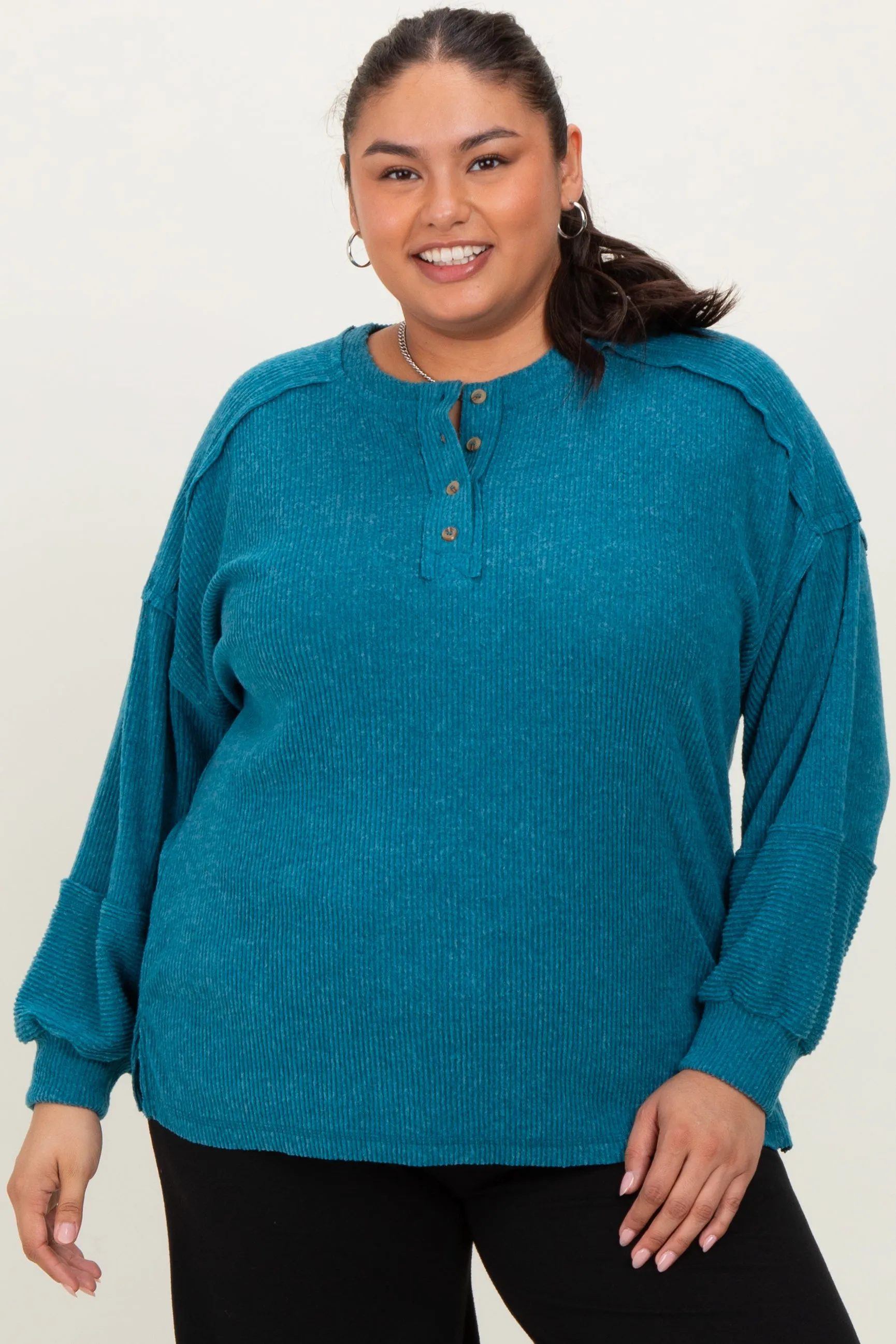 Teal Oversized Ribbed Knit Henley Plus Sweater sold by Pinkblush