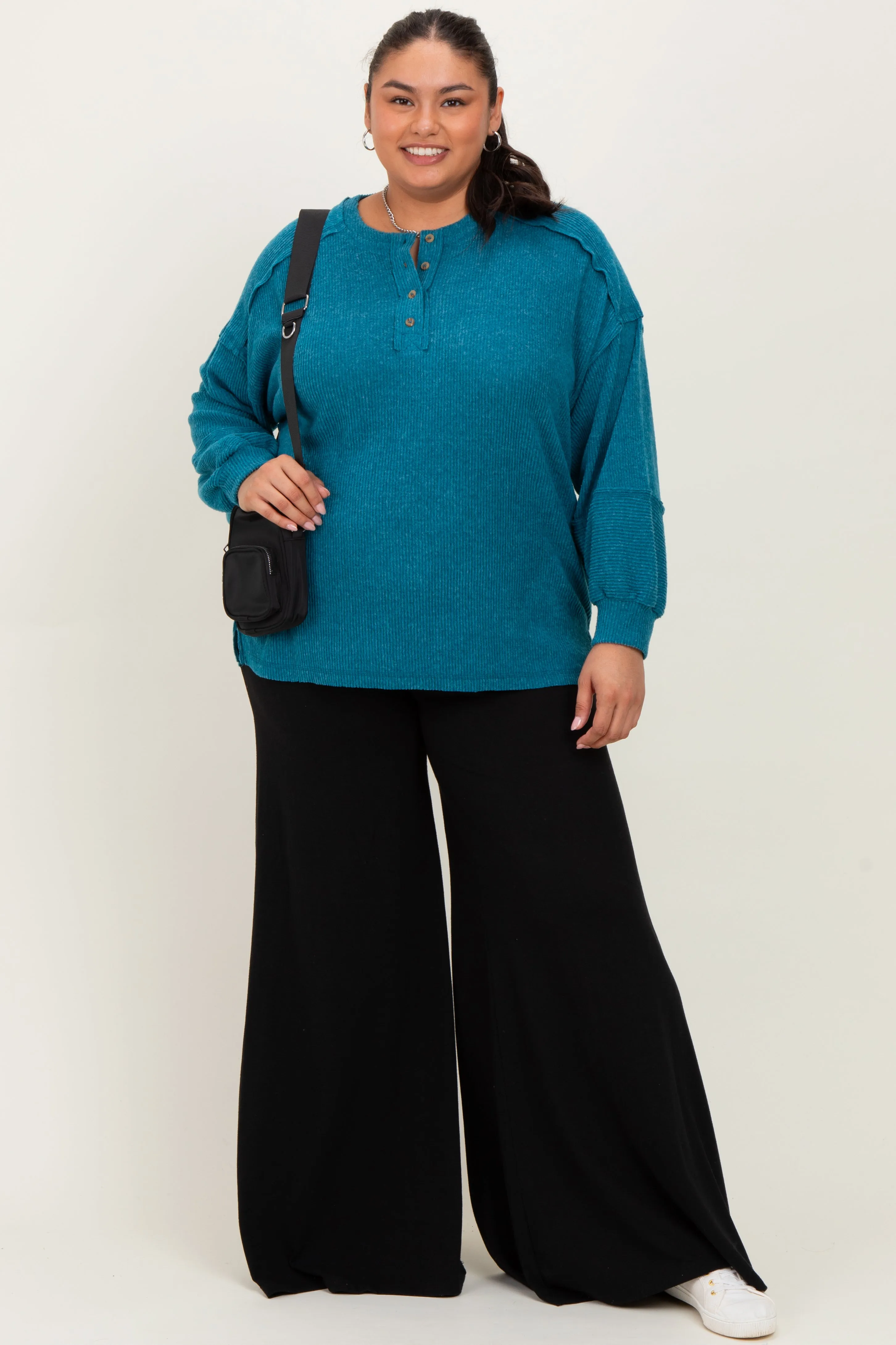 Teal Oversized Ribbed Knit Henley Plus Sweater sold by Pinkblush product image thumbnail 2