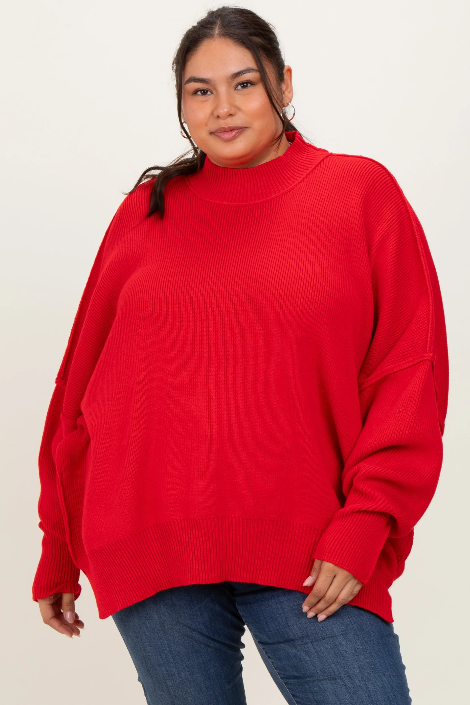 Red Mock Neck Exposed Seam Sweater sold by Pinkblush