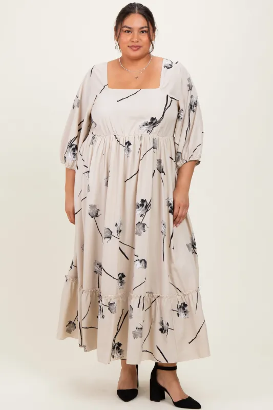 Cream Floral Square Neck Plus Midi Dress sold by Pinkblush
