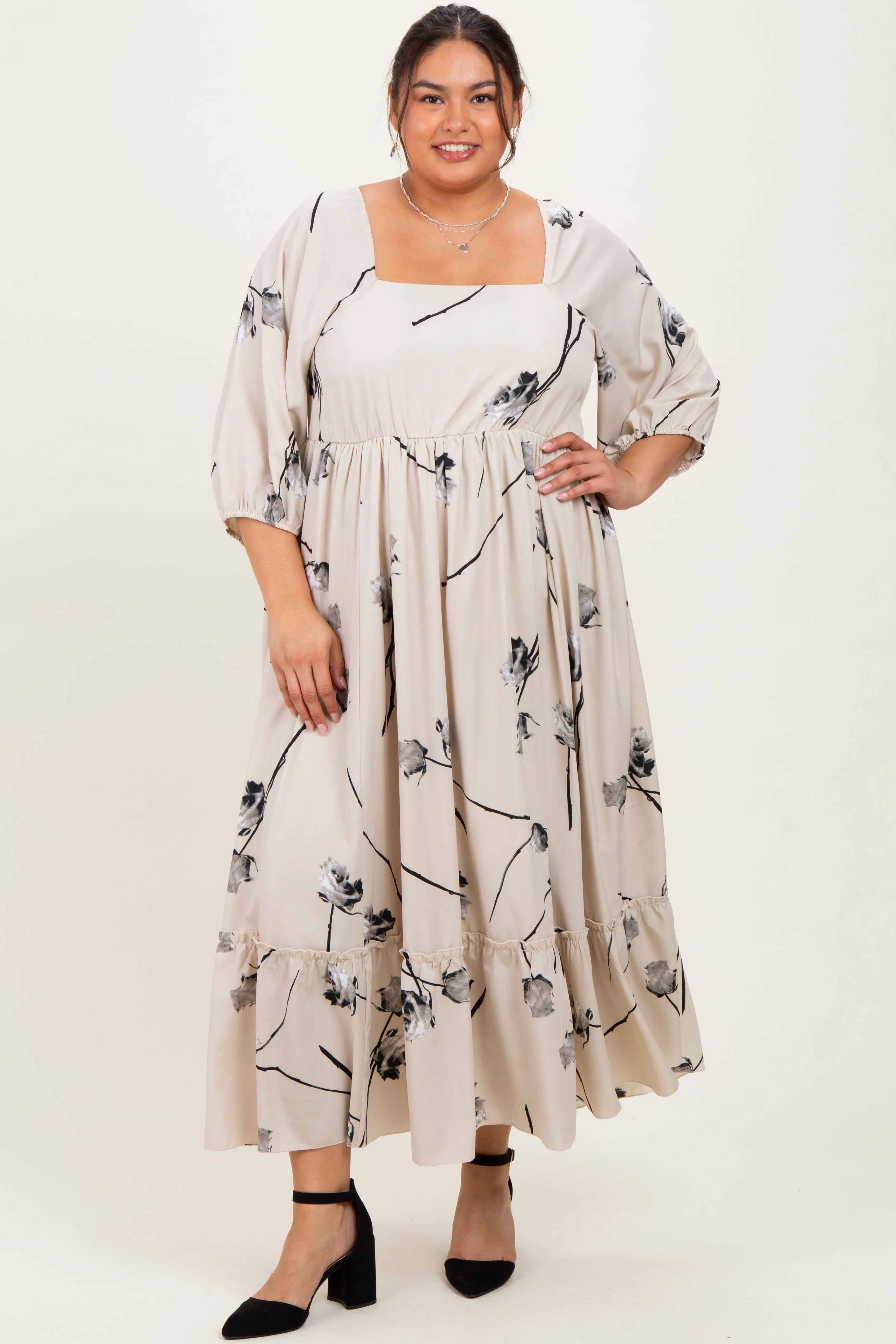 Cream Floral Square Neck Plus Midi Dress sold by Pinkblush product image thumbnail 2
