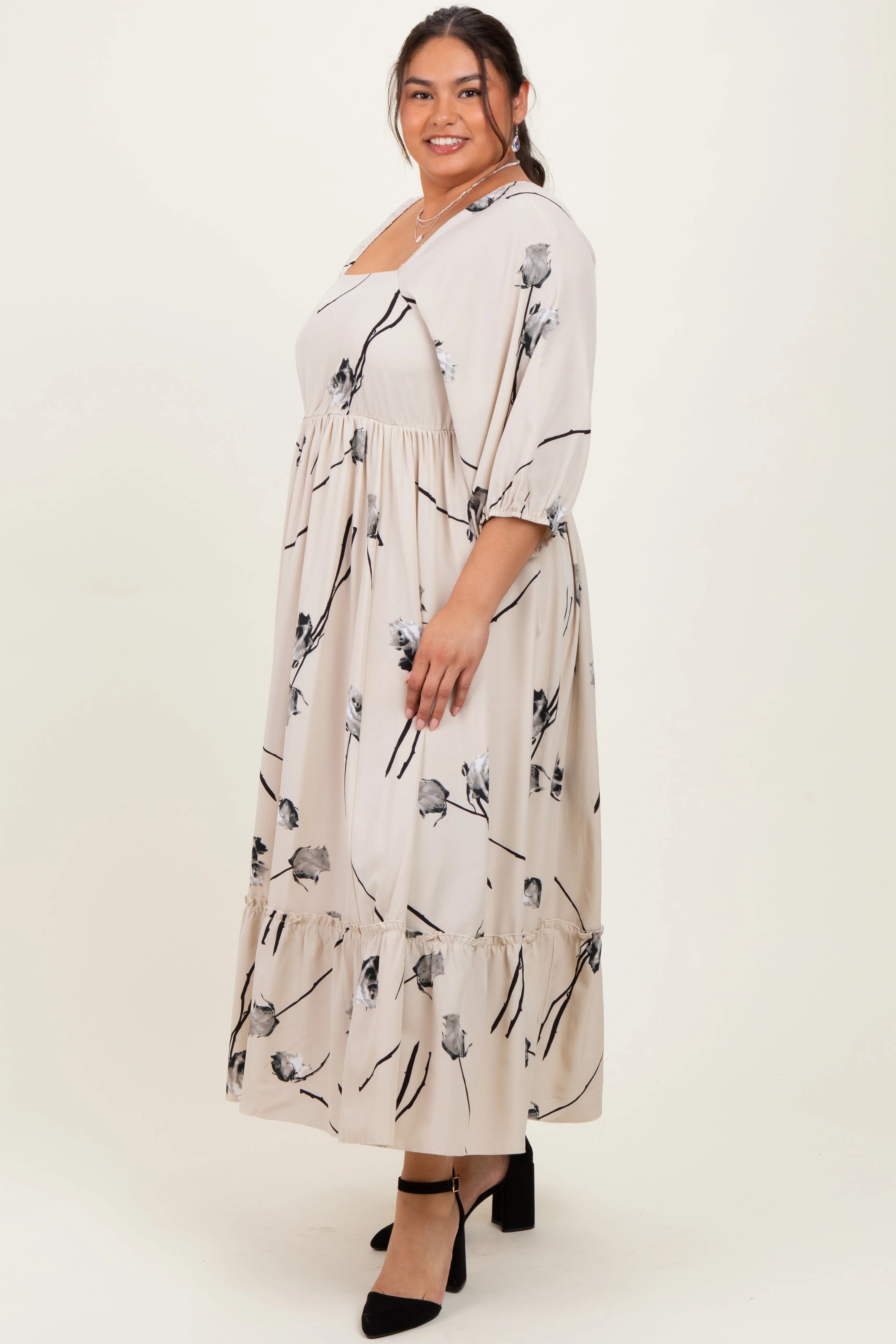 Cream Floral Square Neck Plus Midi Dress sold by Pinkblush product image thumbnail 3