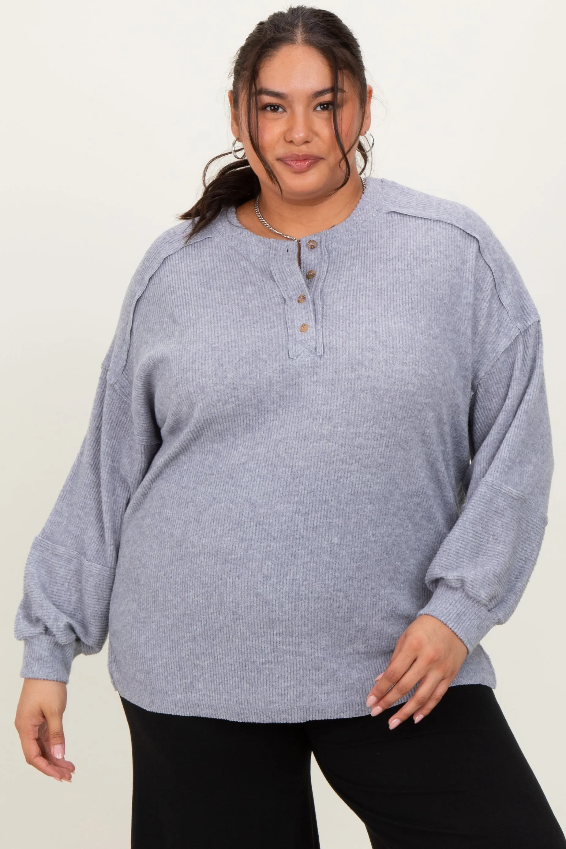 Heather Grey Oversized Ribbed Knit Henley Plus Sweater sold by Pinkblush product image thumbnail 2