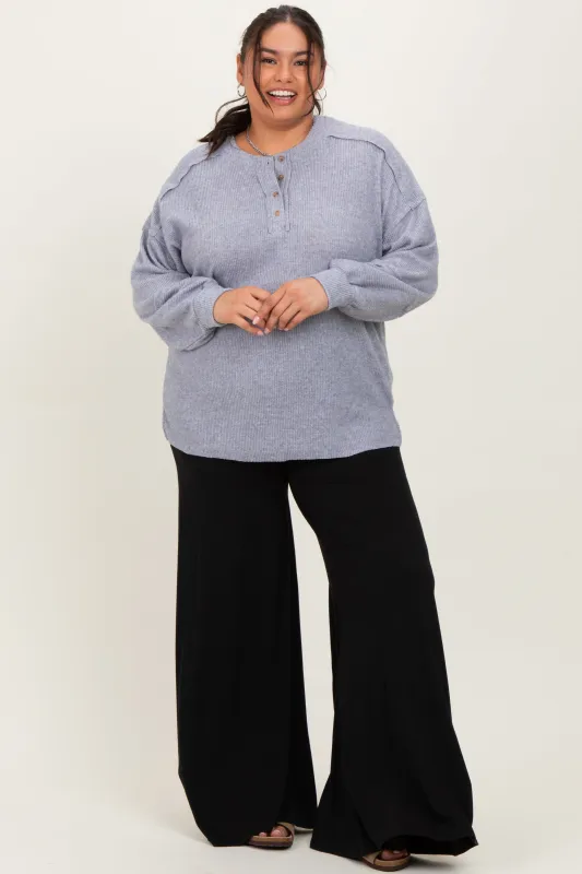 Heather Grey Oversized Ribbed Knit Henley Plus Sweater sold by Pinkblush
