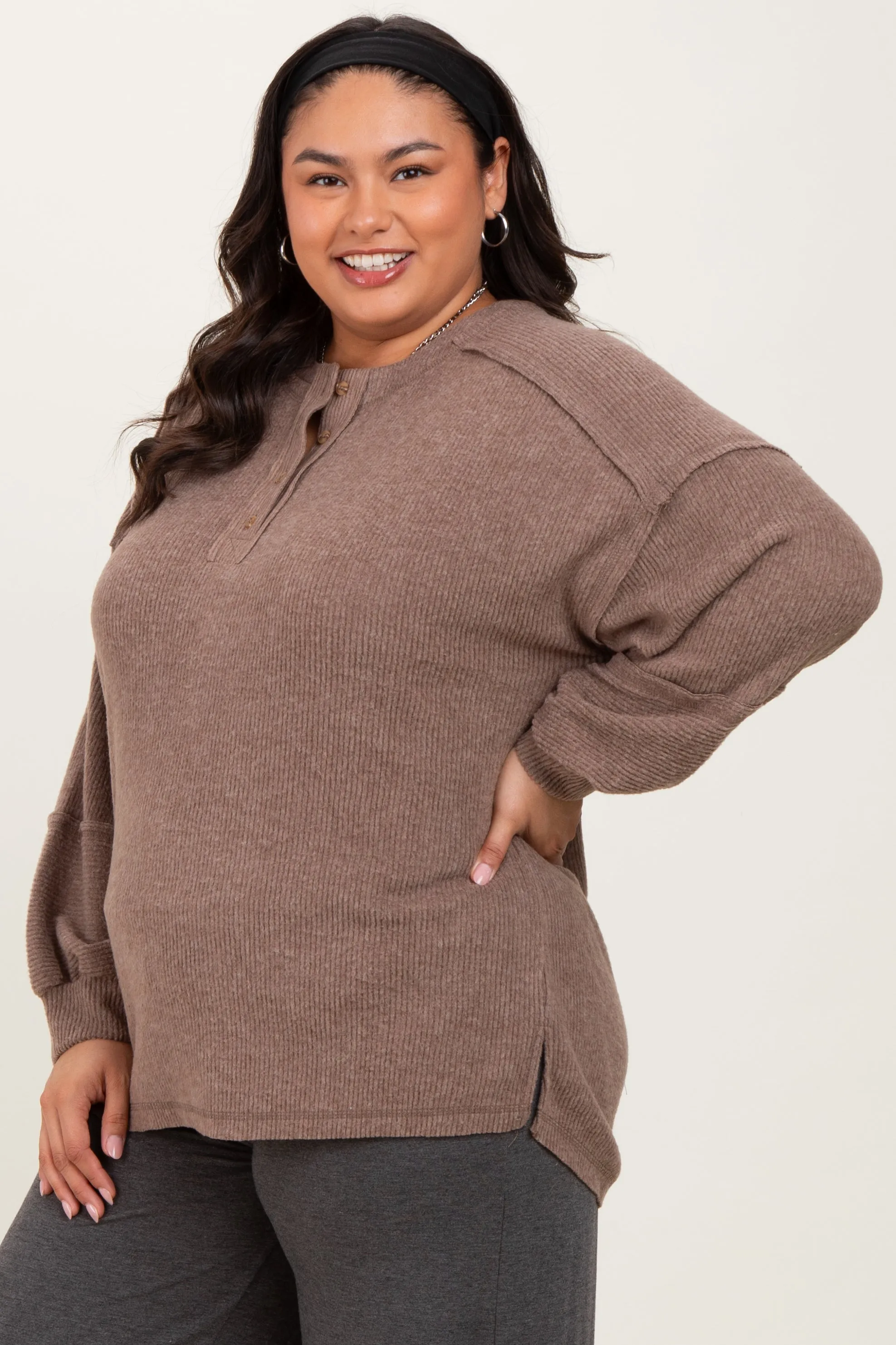 Mocha Oversized Ribbed Knit Henley Plus Sweater sold by Pinkblush product image thumbnail 3