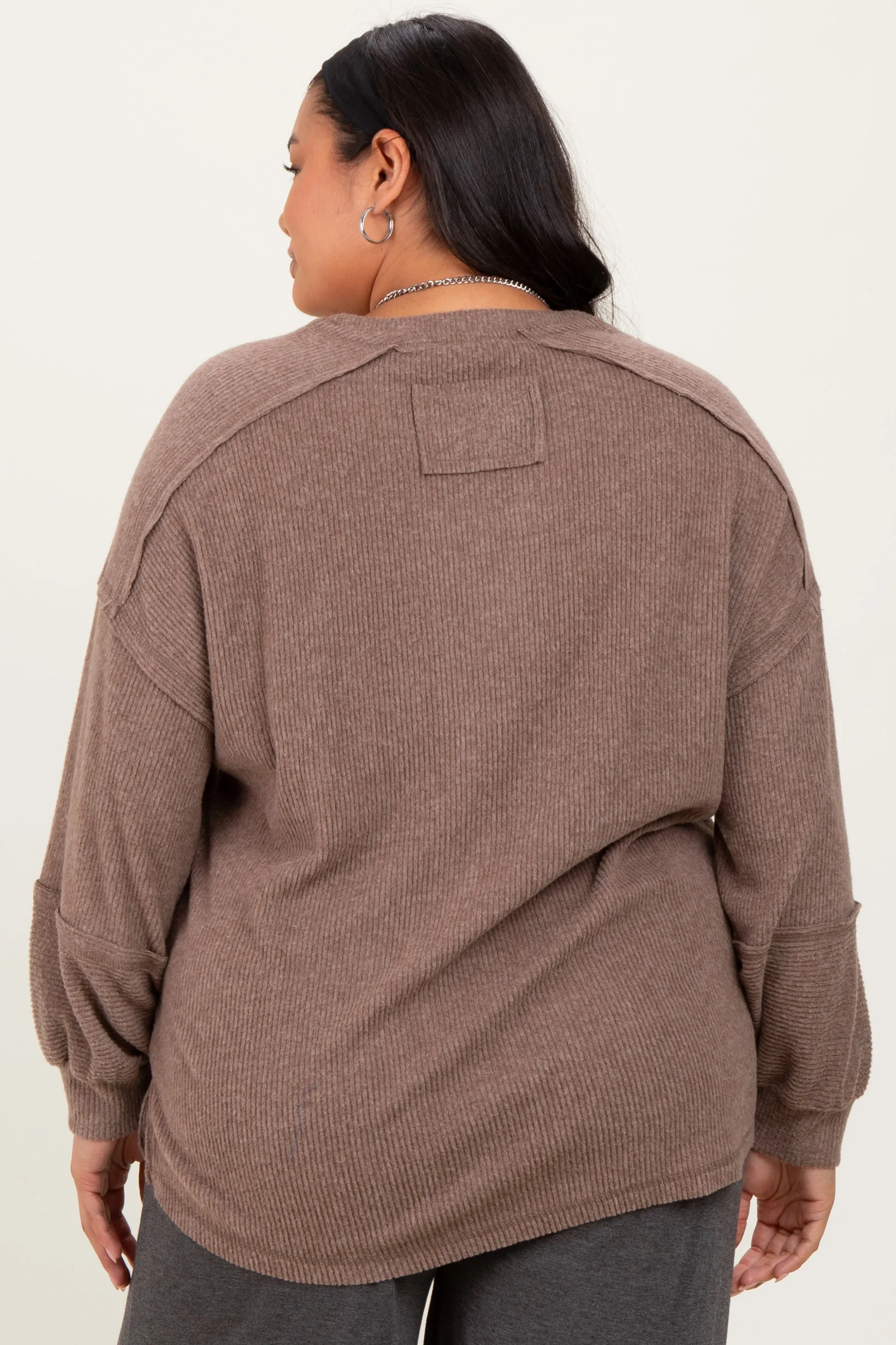 Mocha Oversized Ribbed Knit Henley Plus Sweater sold by Pinkblush product image thumbnail 4