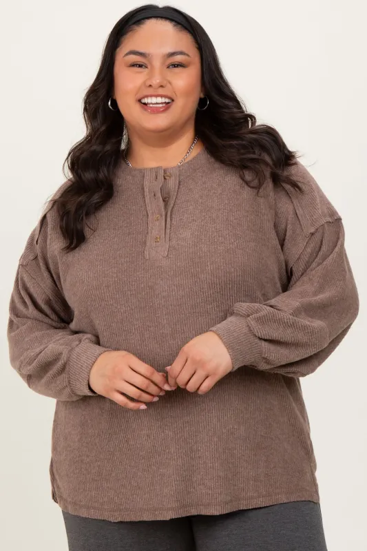 Mocha Oversized Ribbed Knit Henley Plus Sweater sold by Pinkblush