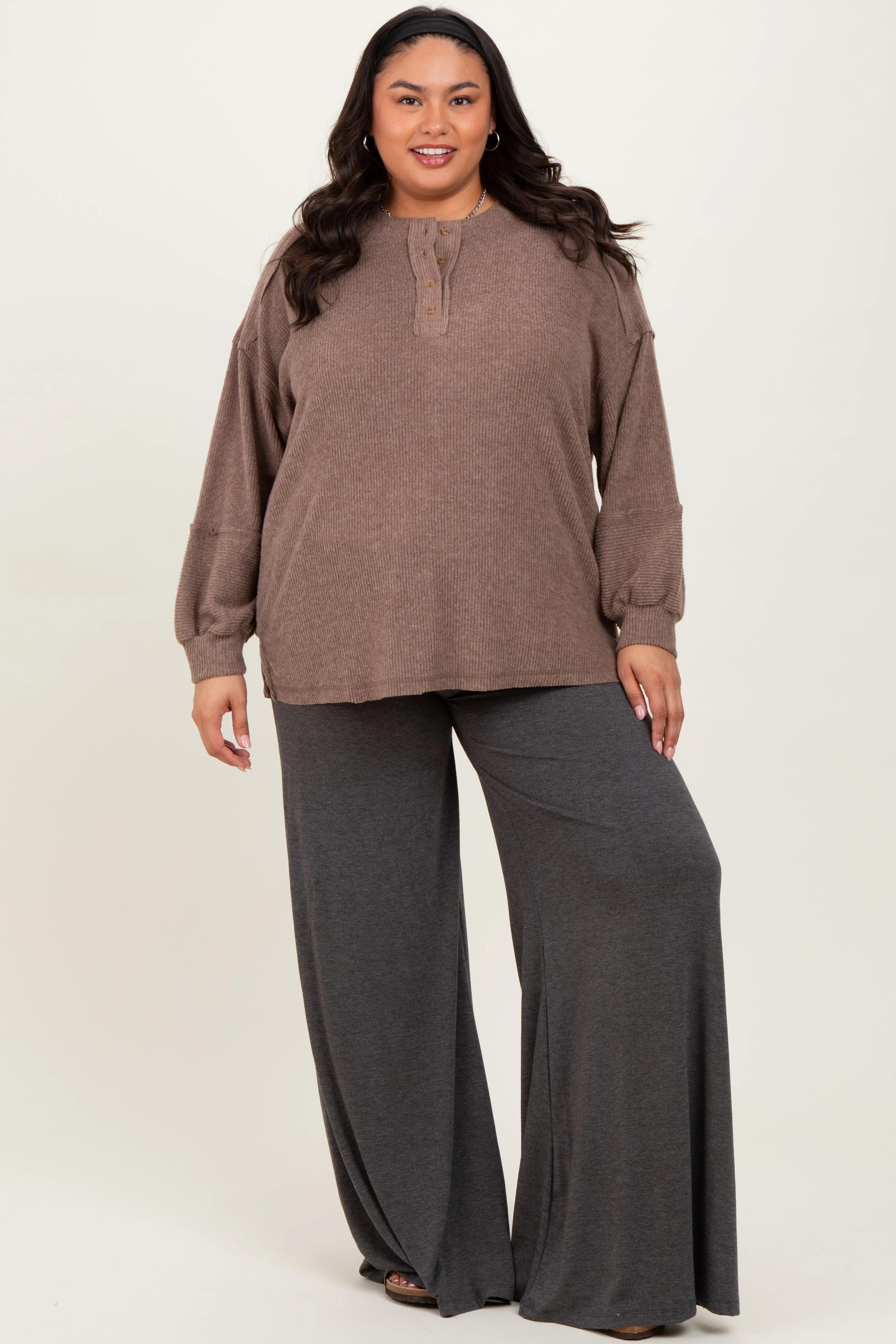 Mocha Oversized Ribbed Knit Henley Plus Sweater sold by Pinkblush product image thumbnail 2