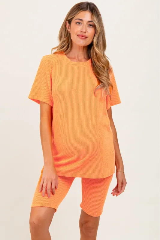 Orange Rib Knit T-Shirt And Biker Short Maternity Set sold by Pinkblush
