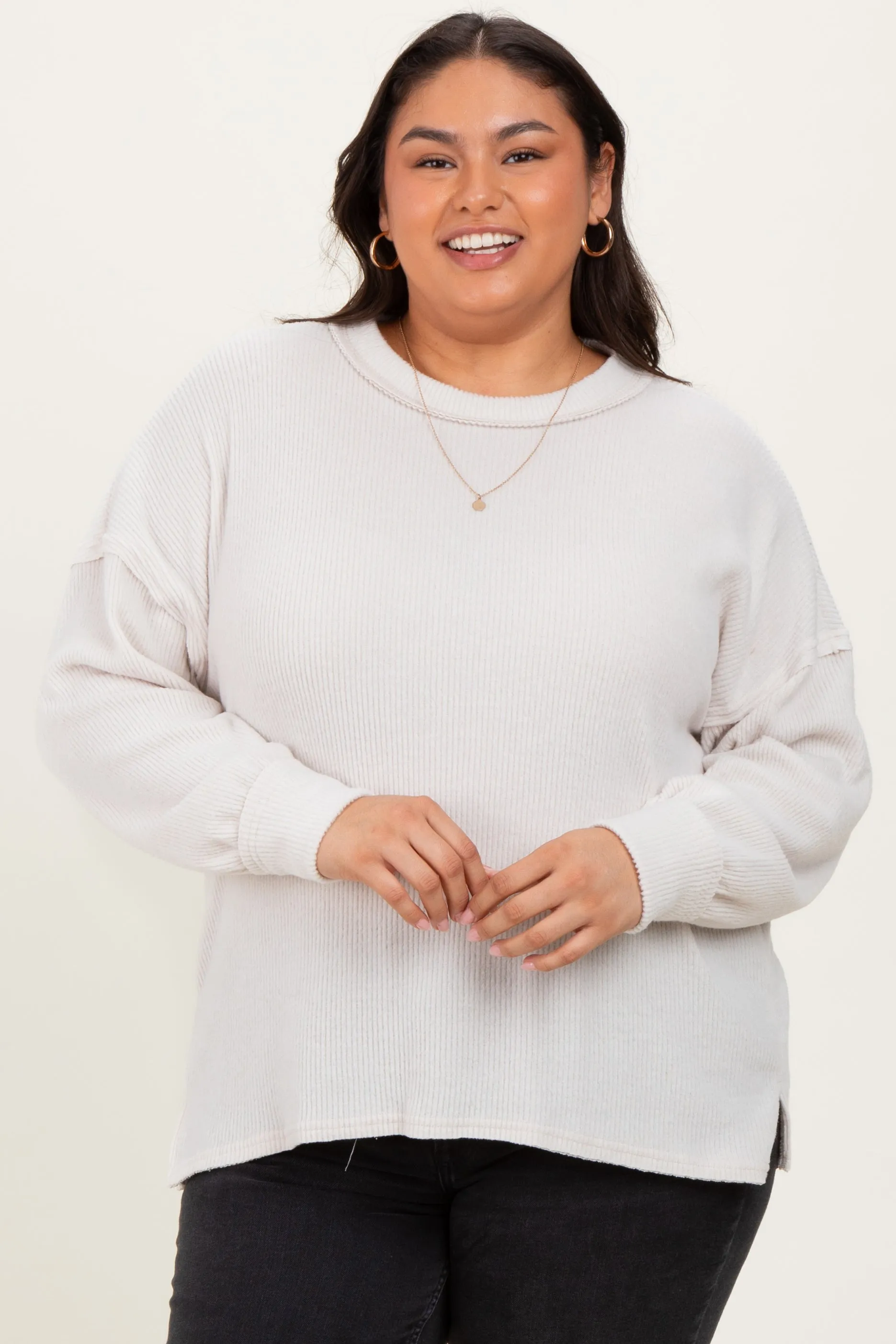 Cream Brushed Ribbed Knit Plus Pullover sold by Pinkblush