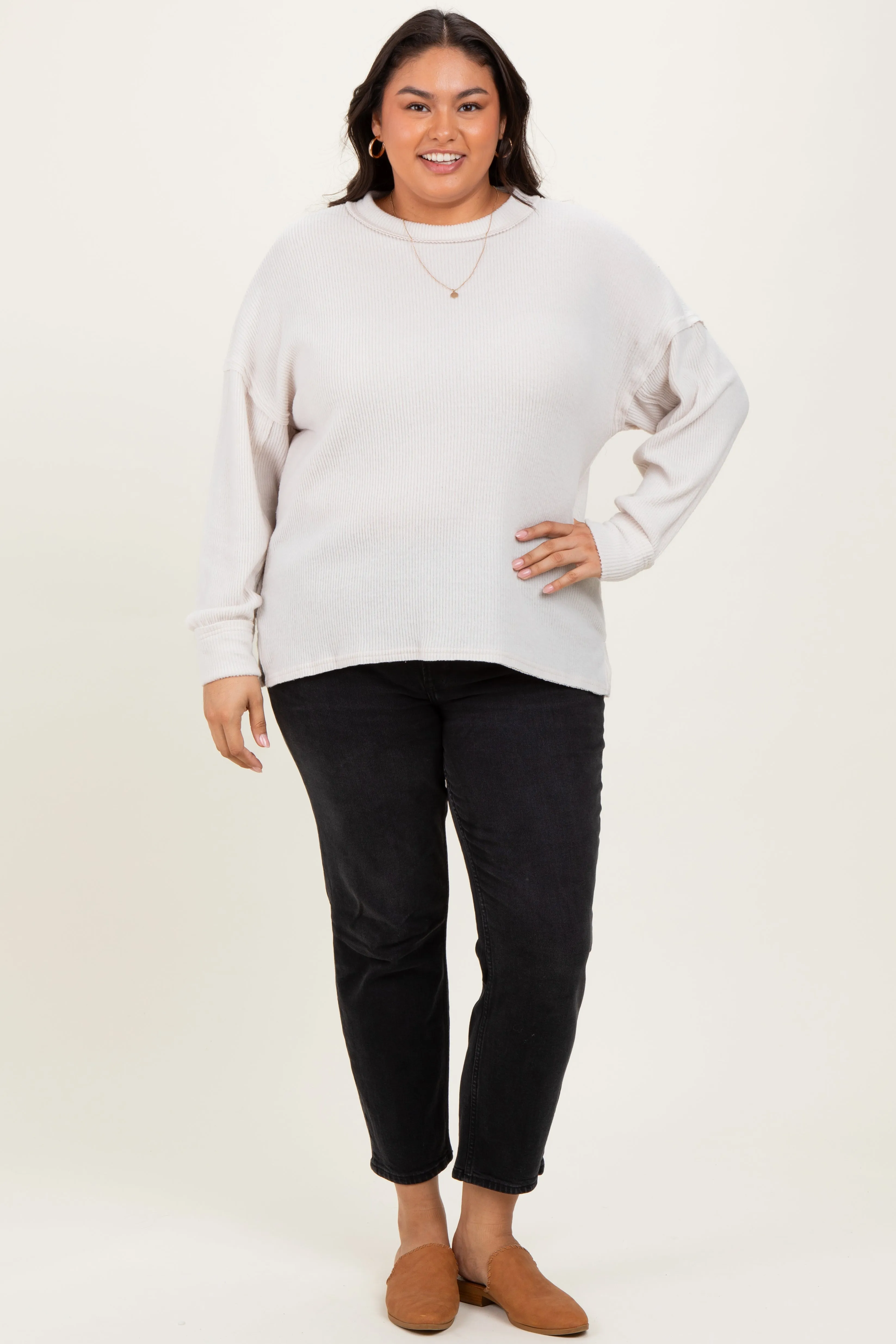 Cream Brushed Ribbed Knit Plus Pullover sold by Pinkblush product image thumbnail 2