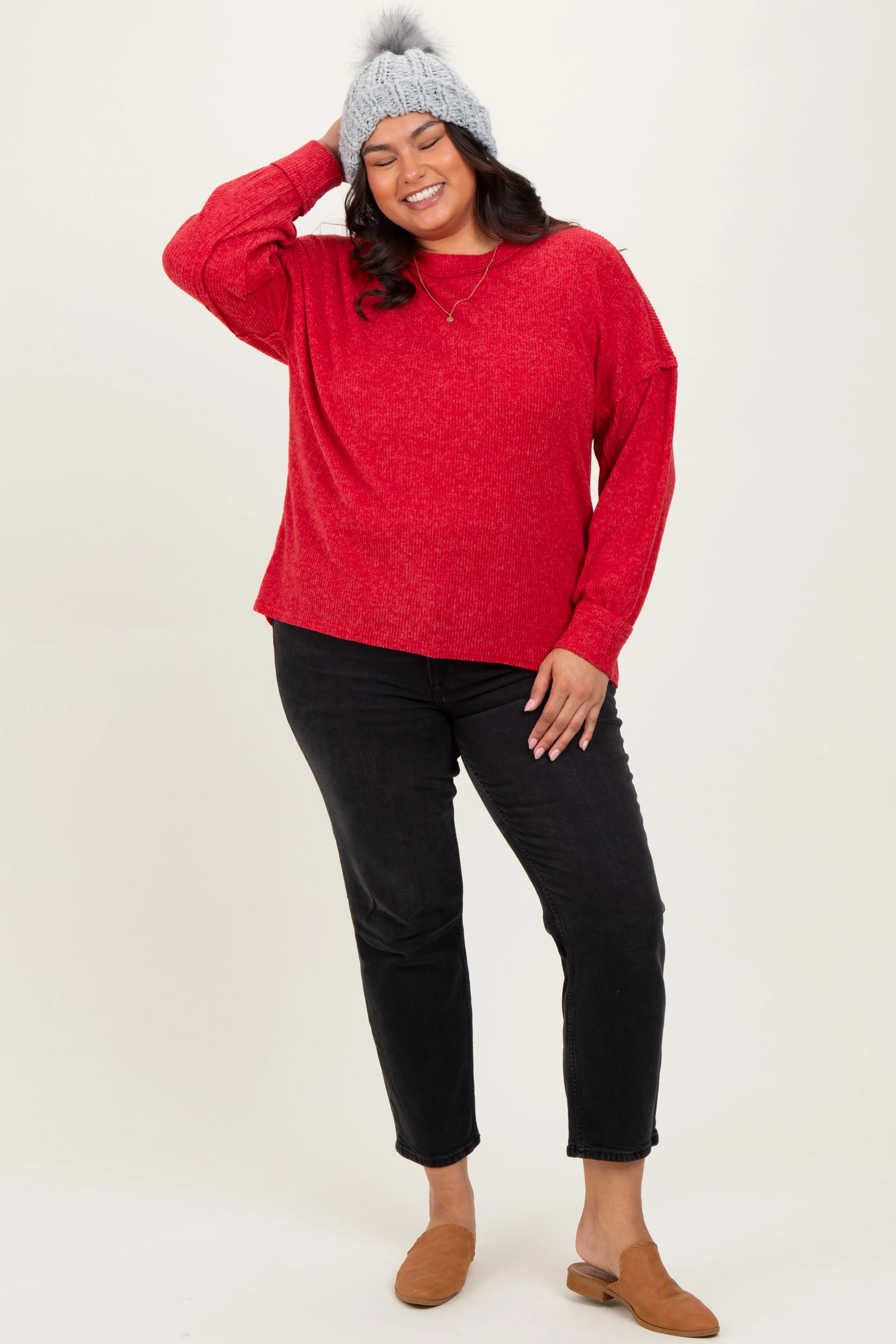 Red Brushed Ribbed Knit Plus Pullover sold by Pinkblush