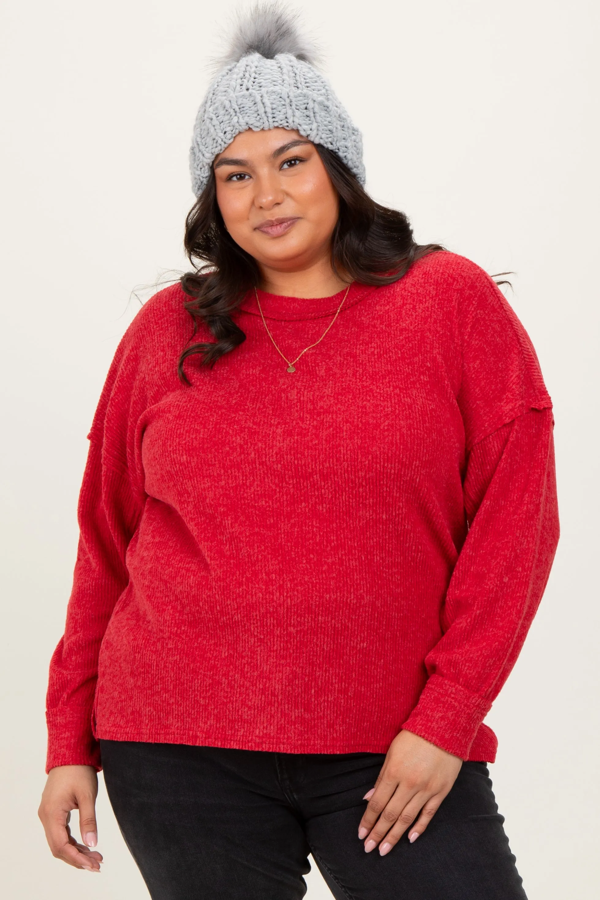 Red Brushed Ribbed Knit Plus Pullover sold by Pinkblush product image thumbnail 2