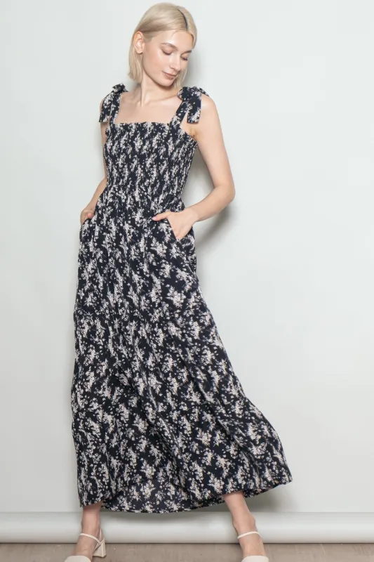 Black Floral Shoulder Tie Maxi Dress sold by Pinkblush