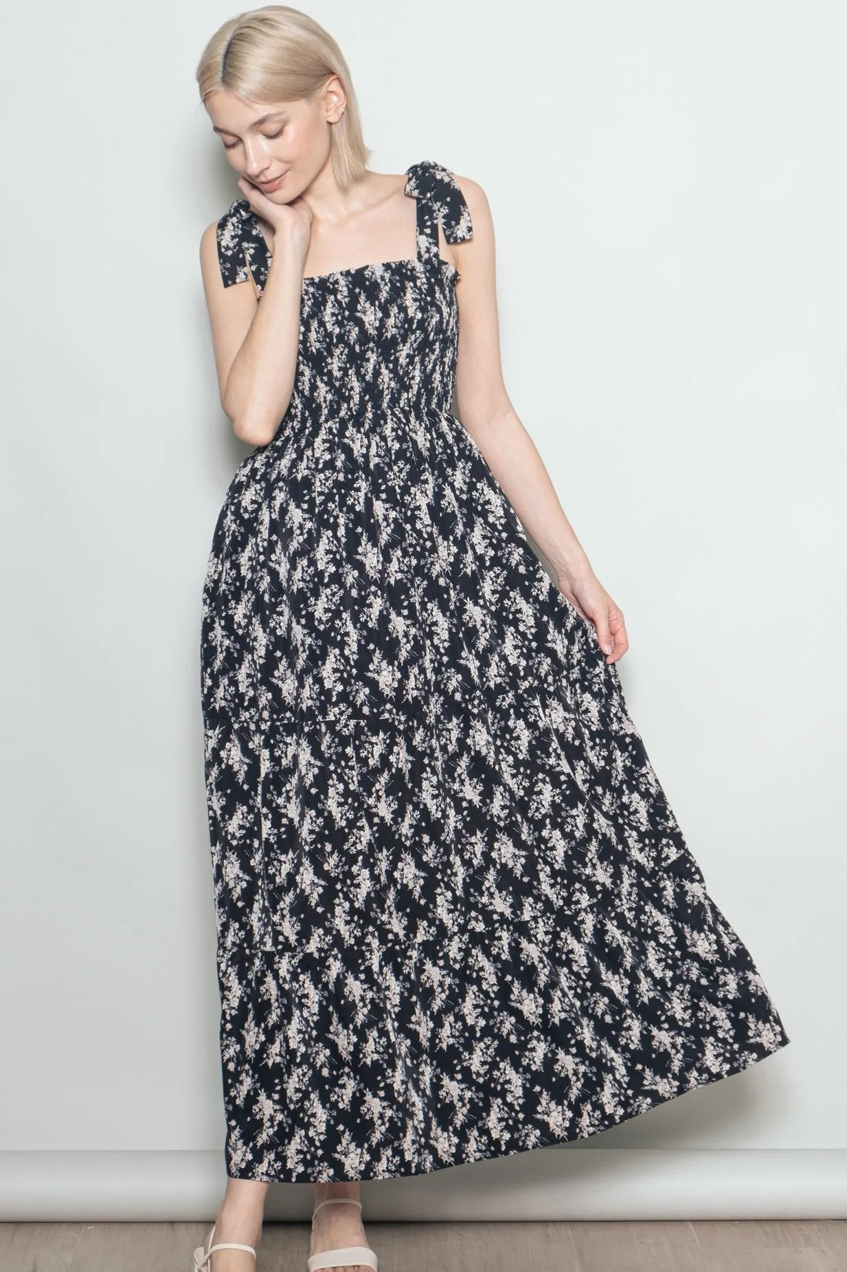 Black Floral Shoulder Tie Maxi Dress sold by Pinkblush product image thumbnail 2