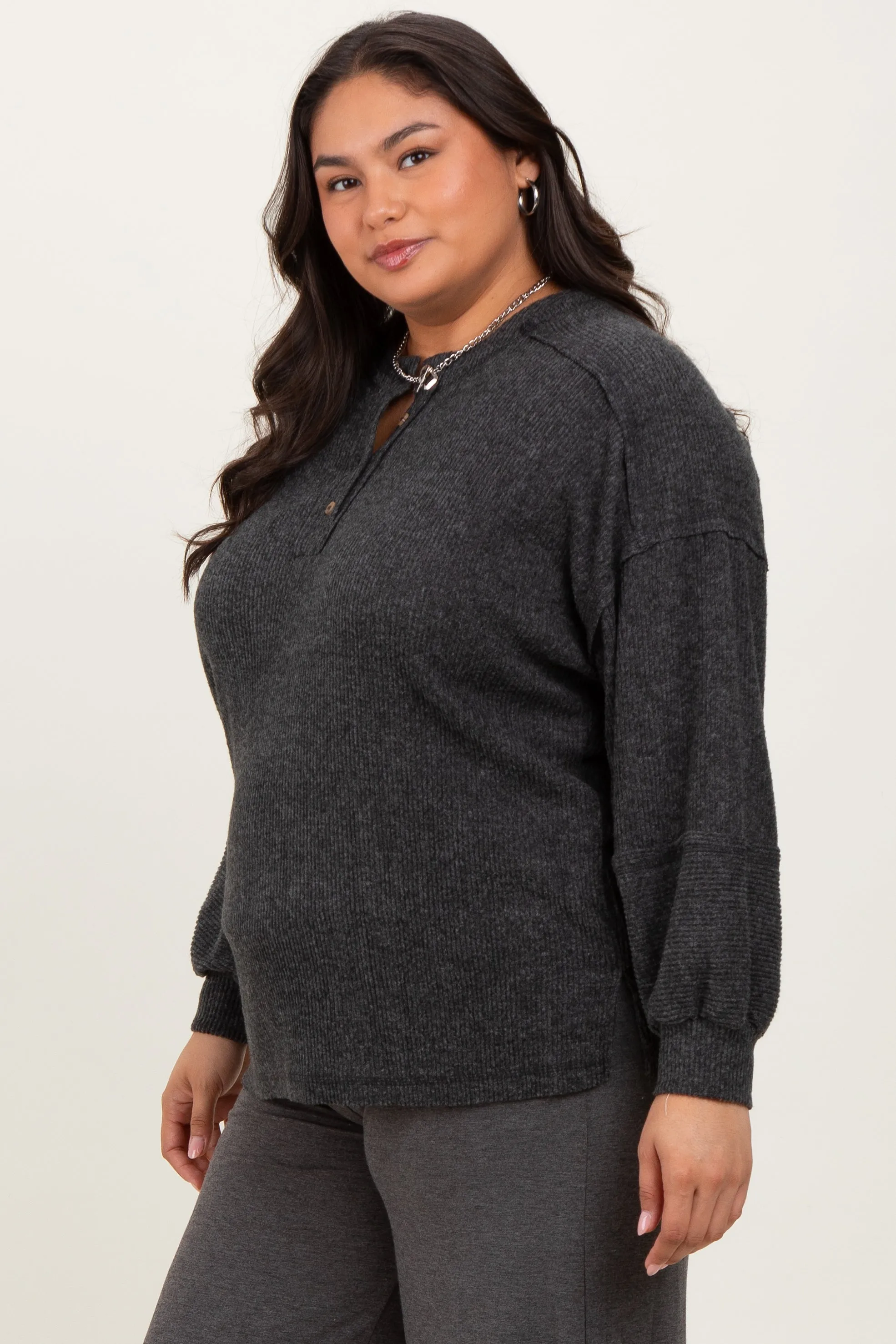 Charcoal Oversized Ribbed Knit Henley Plus Sweater sold by Pinkblush product image thumbnail 3