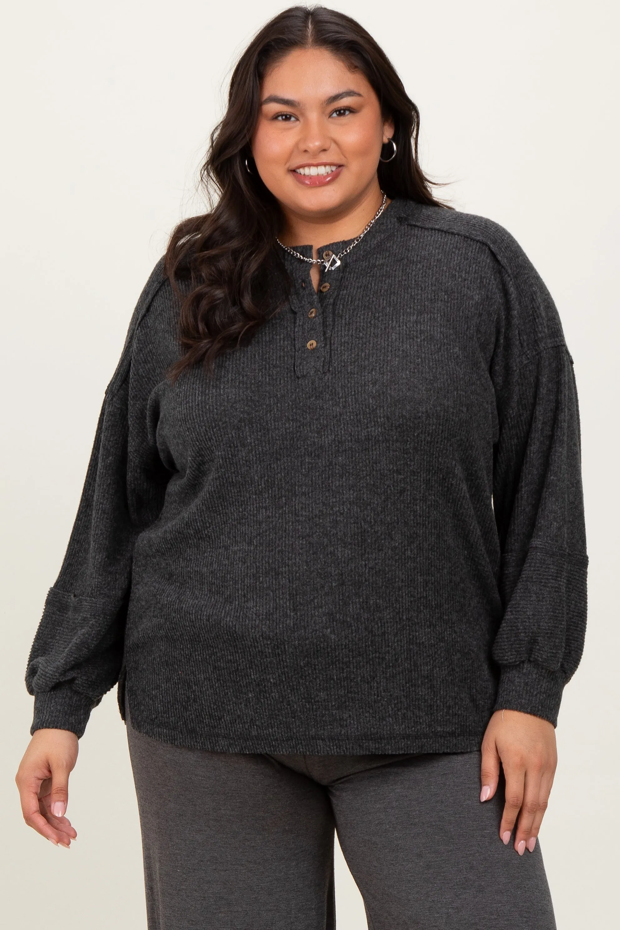 Charcoal Oversized Ribbed Knit Henley Plus Sweater sold by Pinkblush