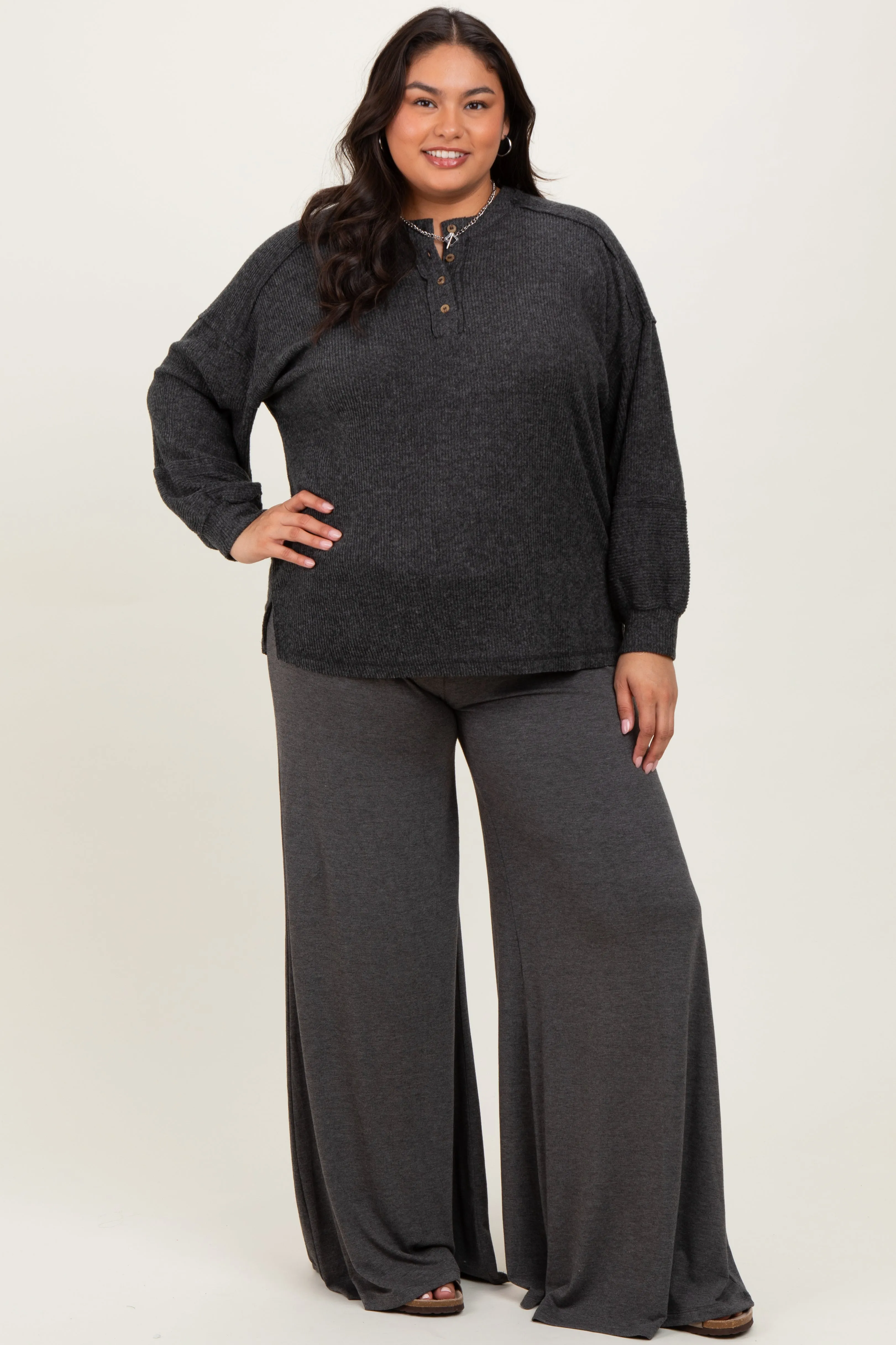 Charcoal Oversized Ribbed Knit Henley Plus Sweater sold by Pinkblush product image thumbnail 2