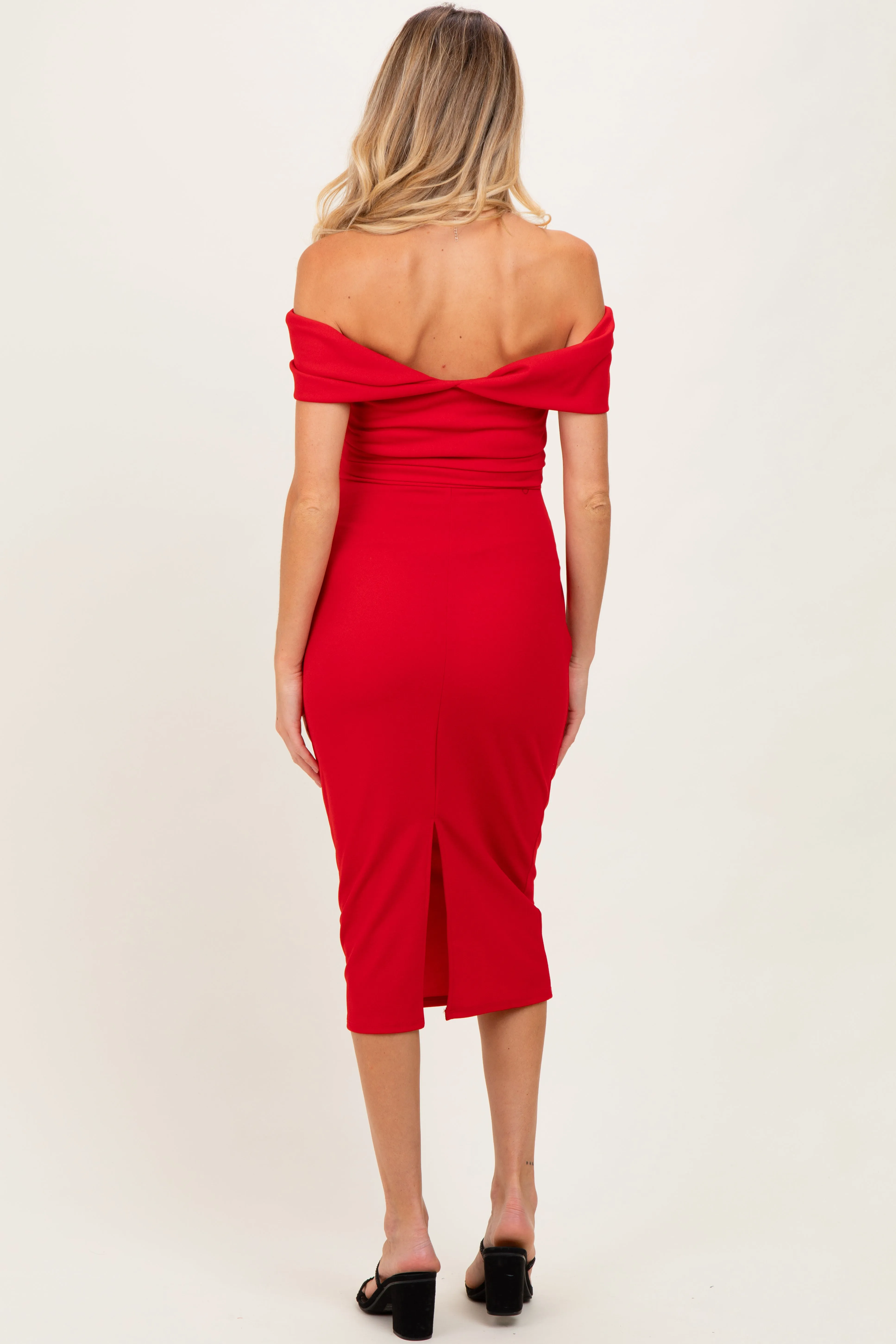Red Off Shoulder Maternity Midi Dress sold by Pinkblush product image thumbnail 4