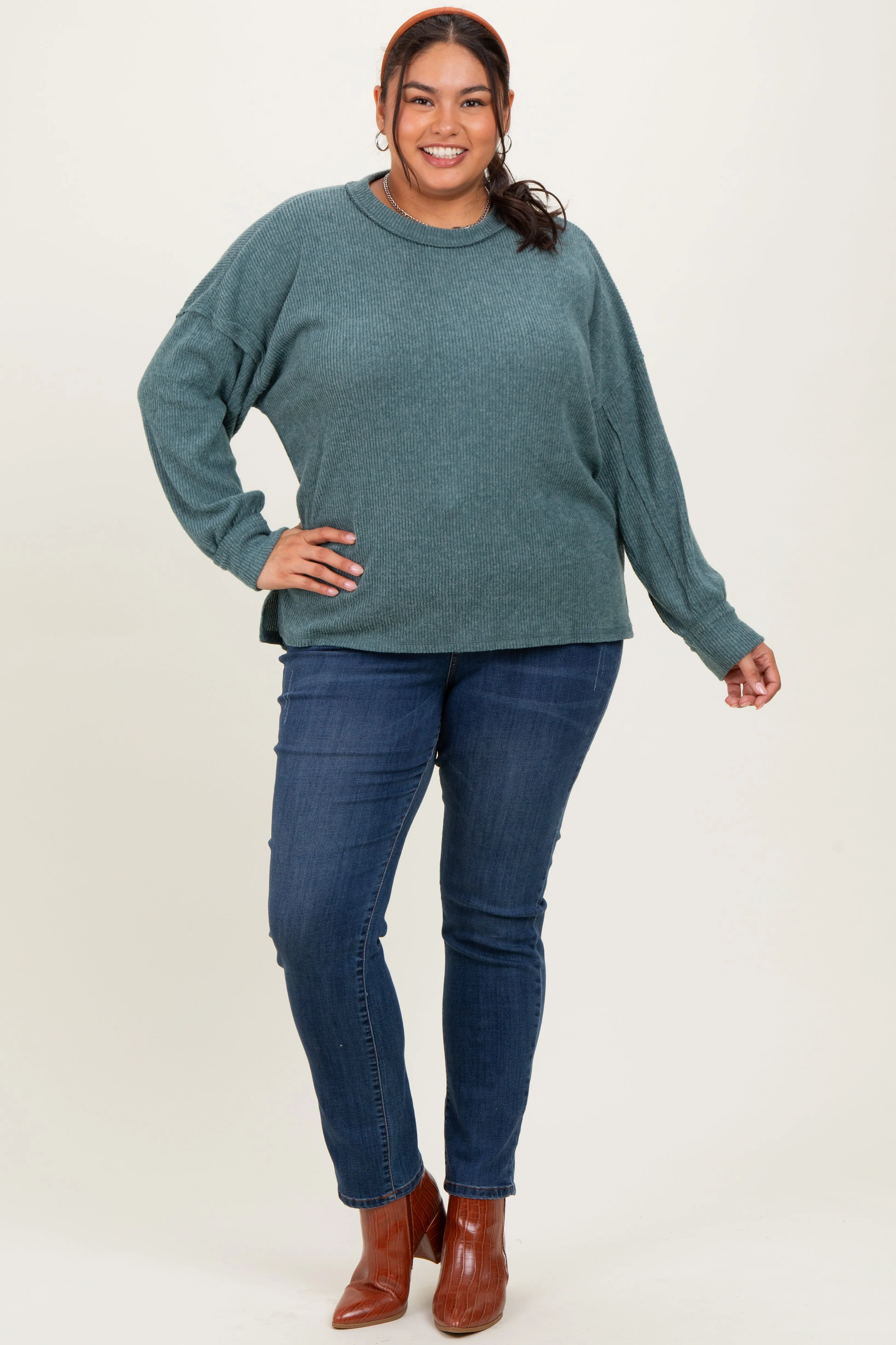 Emerald Green Brushed Ribbed Knit Plus Pullover sold by Pinkblush product image thumbnail 3