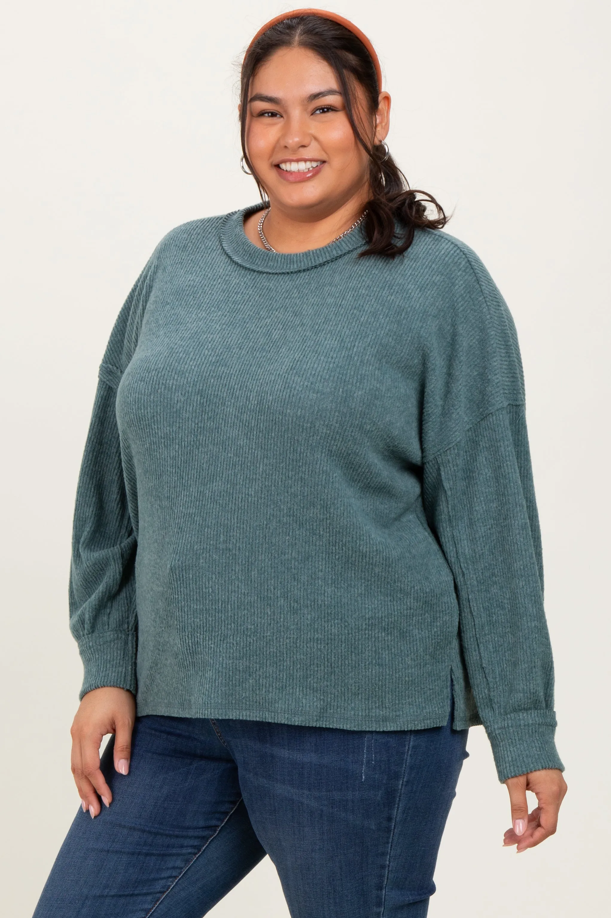 Emerald Green Brushed Ribbed Knit Plus Pullover sold by Pinkblush