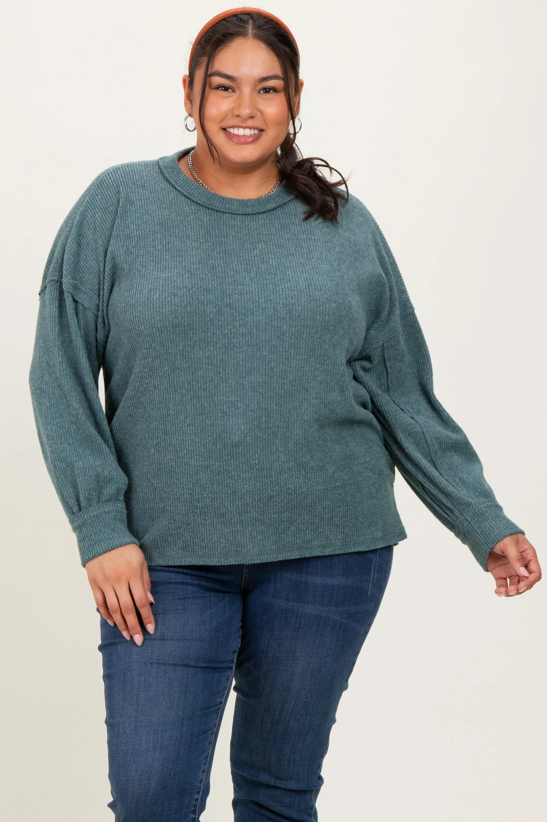 Emerald Green Brushed Ribbed Knit Plus Pullover sold by Pinkblush product image thumbnail 2