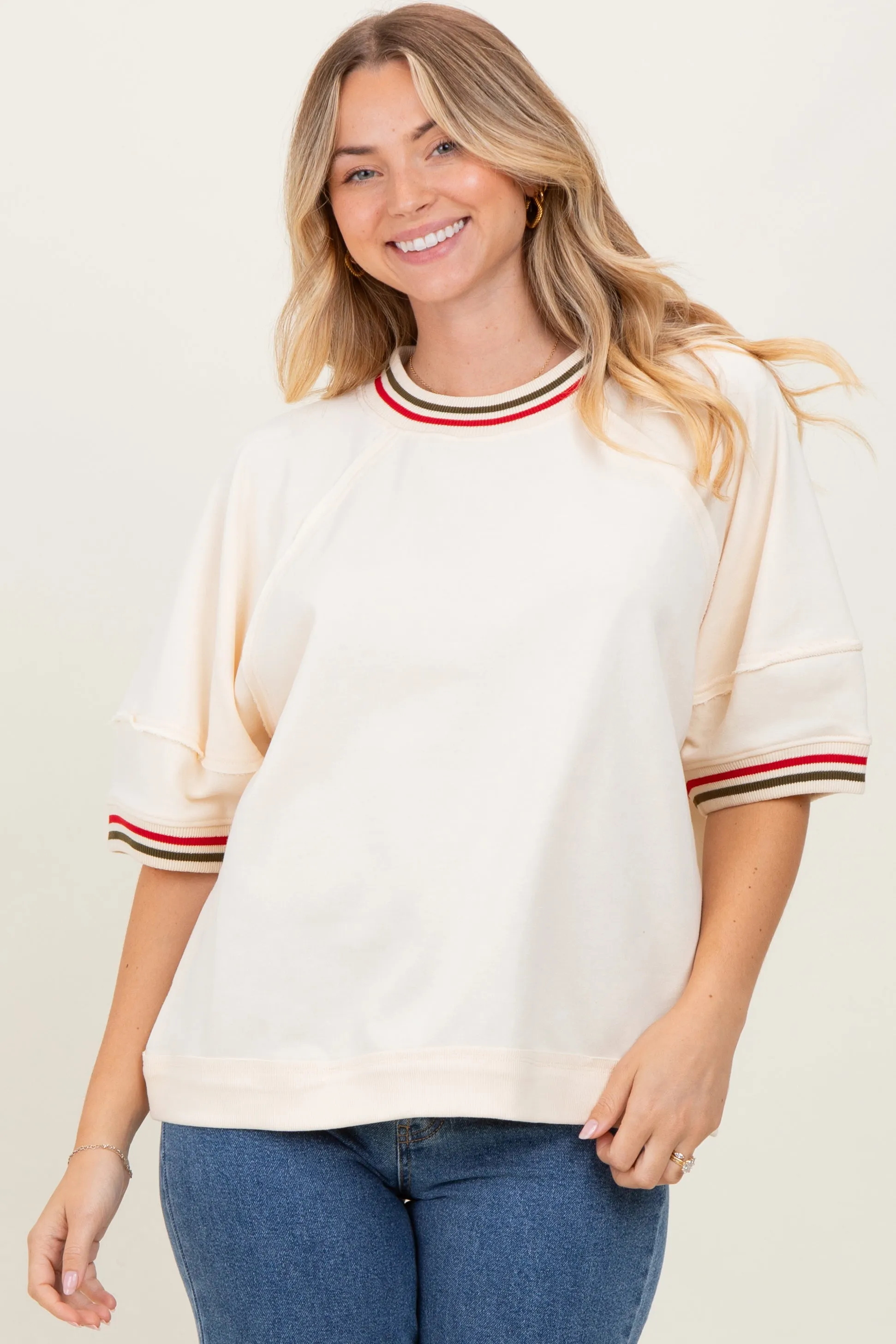 Cream Contrast Trim Short Sleeve Pullover sold by Pinkblush