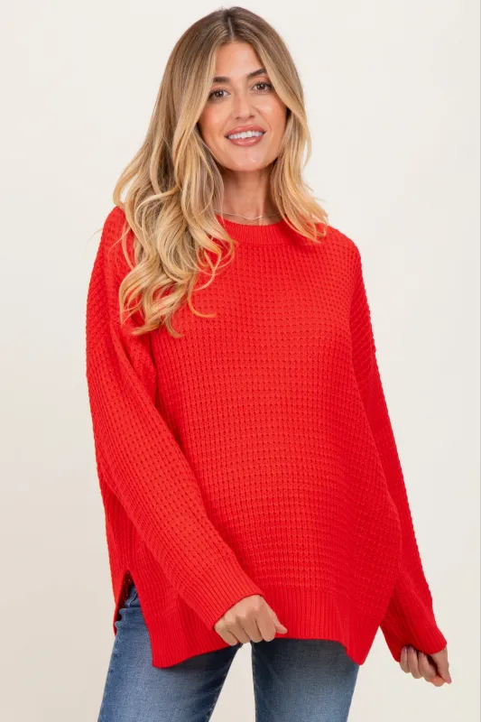 Red Waffle Knit Side Slit Maternity Sweater sold by Pinkblush