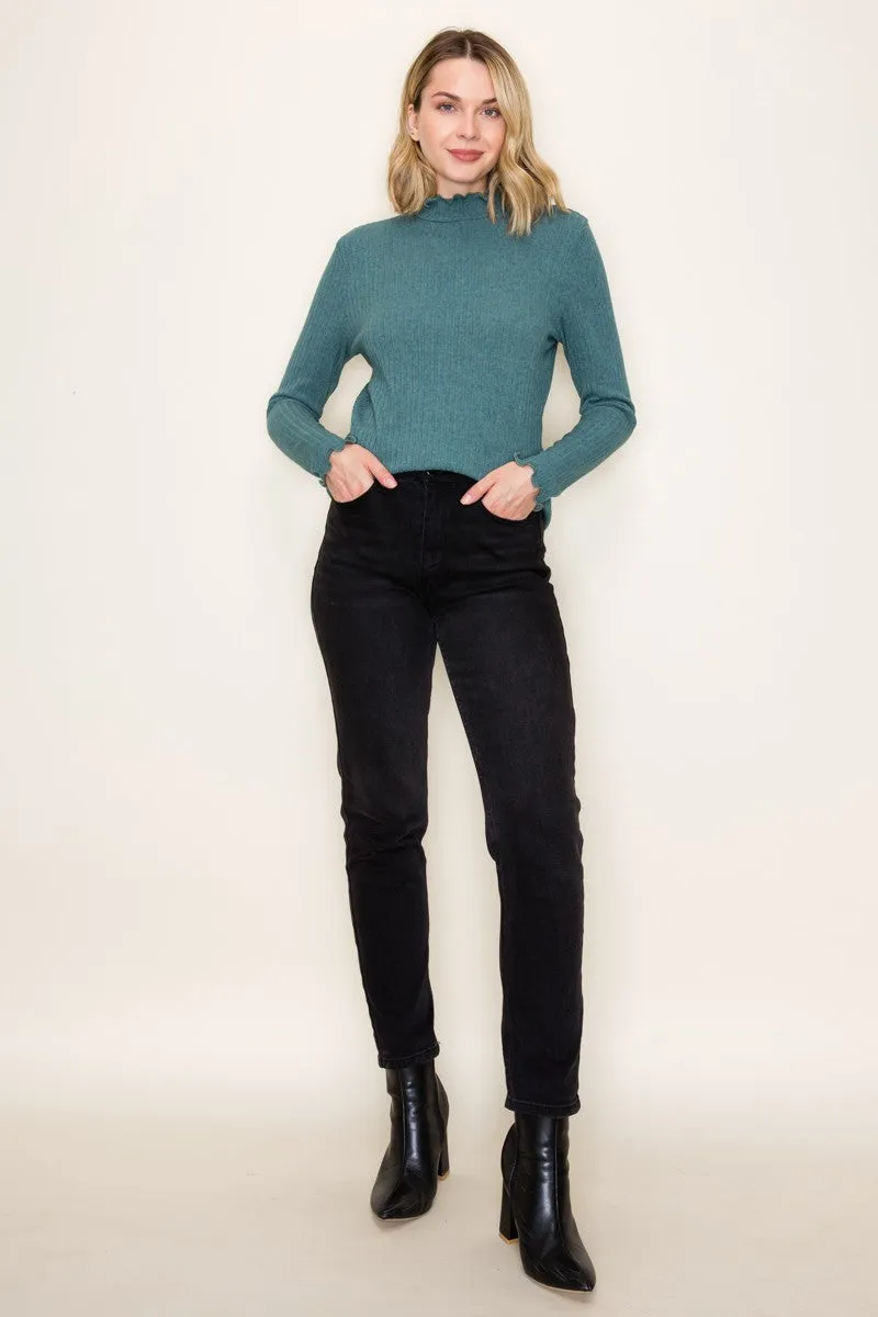 Jade Ribbed Mock Neck Ruffle Hem Long Sleeve Top sold by Pinkblush product image thumbnail 4