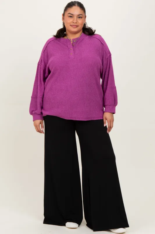 Plum Oversized Ribbed Knit Henley Plus Sweater sold by Pinkblush