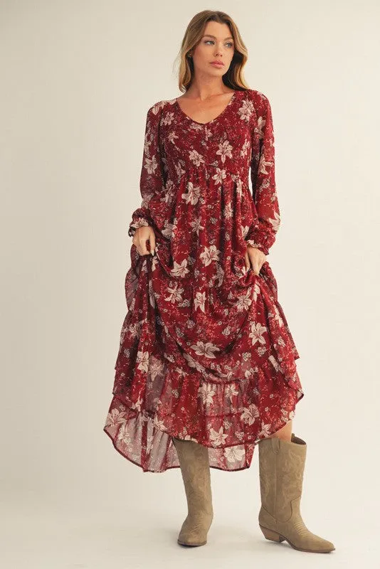 Burgundy Smocked Floral Midi Dress sold by Pinkblush product image thumbnail 2