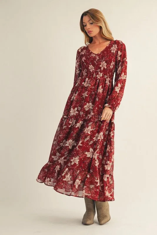 Burgundy Smocked Floral Midi Dress sold by Pinkblush product image thumbnail 3