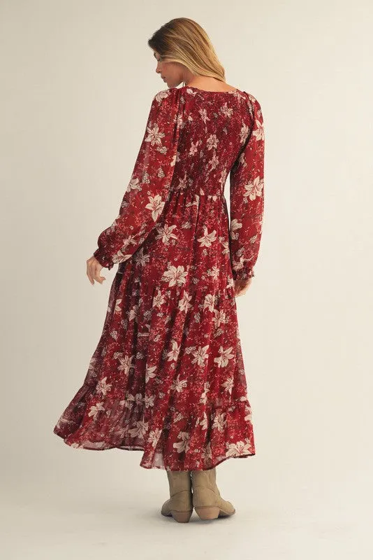 Burgundy Smocked Floral Midi Dress sold by Pinkblush product image thumbnail 4