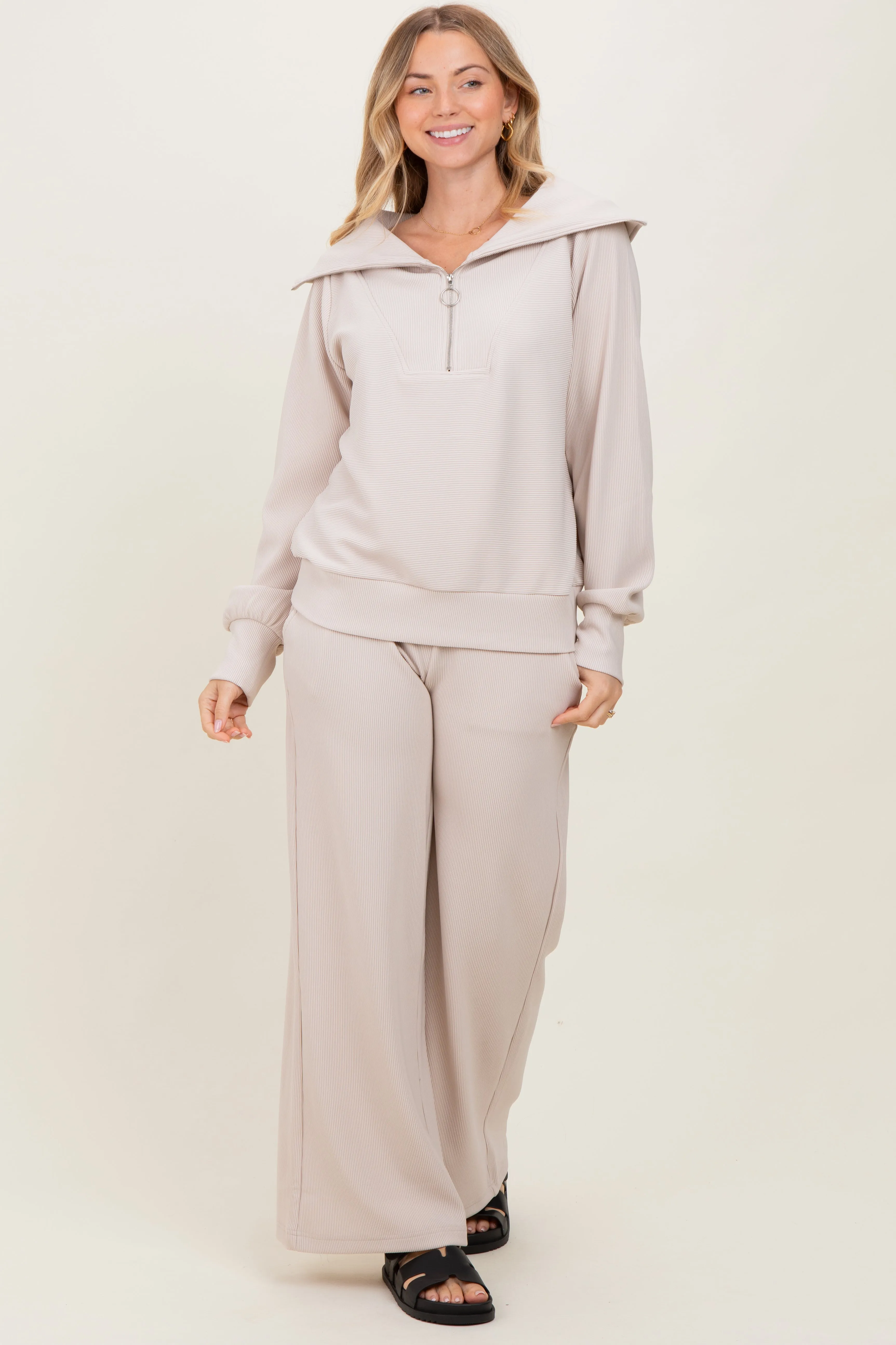Cream RIbbed Half Zip Pullover Wide Leg Pant Set sold by Pinkblush product image thumbnail 2