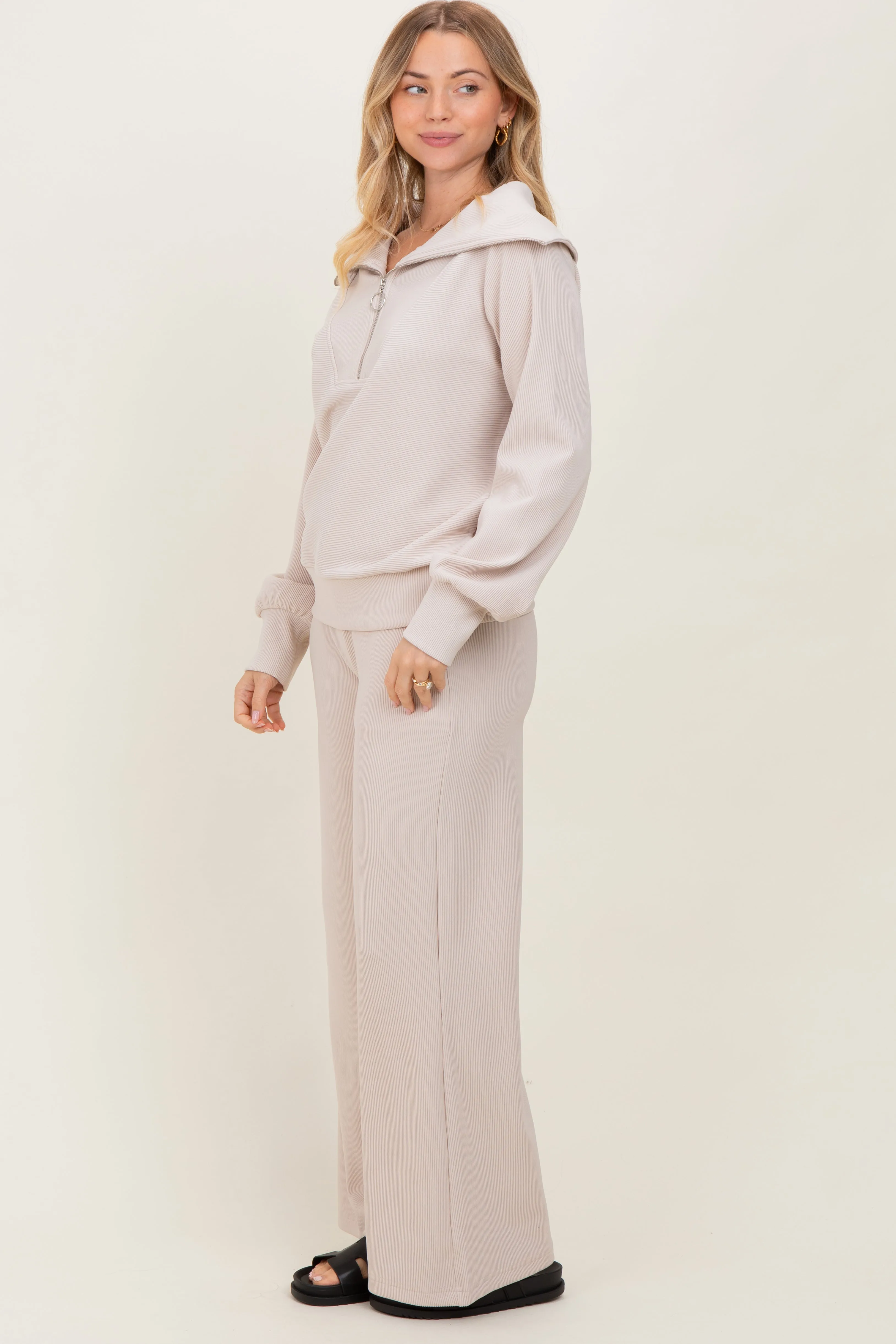 Cream RIbbed Half Zip Pullover Wide Leg Pant Set sold by Pinkblush product image thumbnail 3
