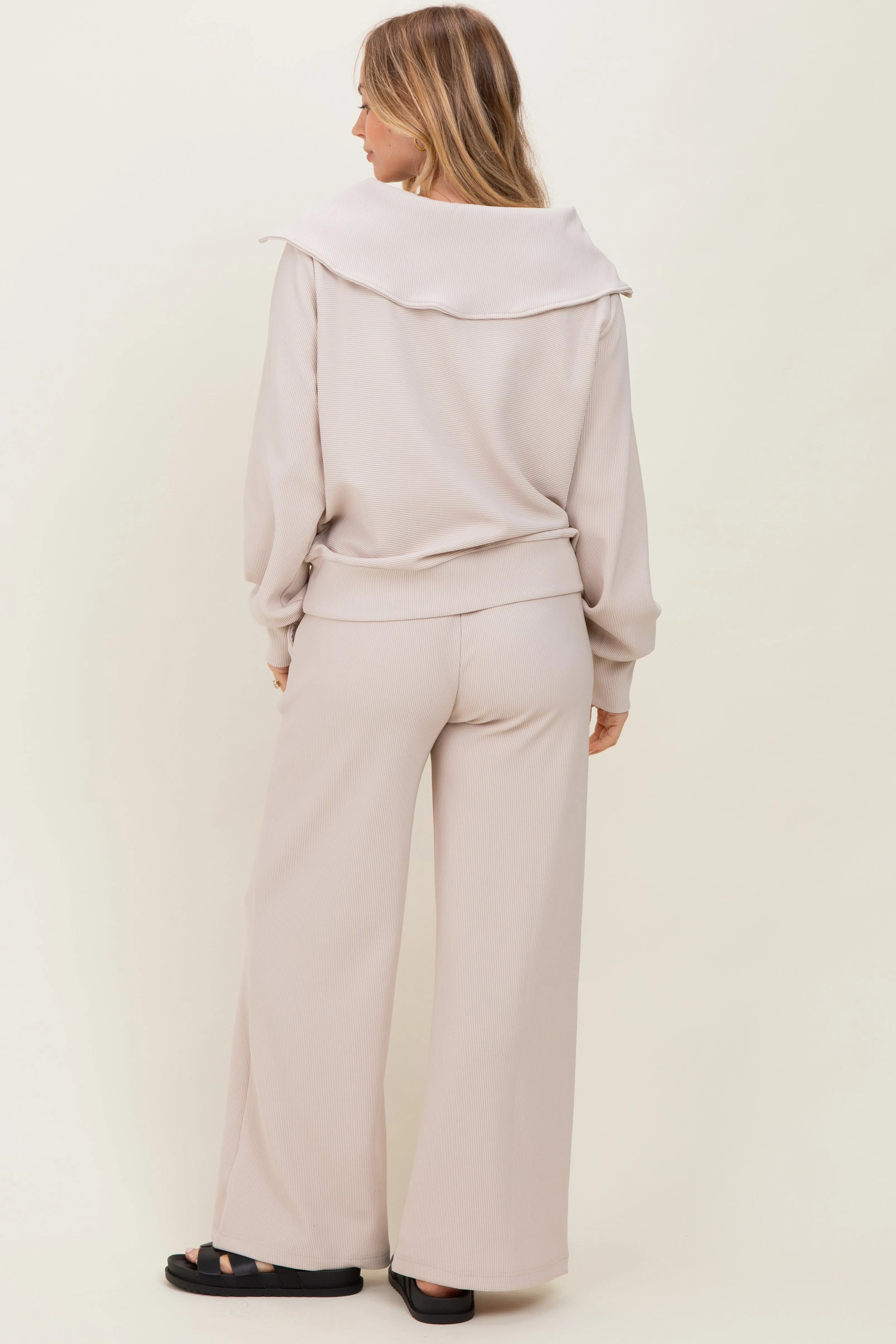 Cream RIbbed Half Zip Pullover Wide Leg Pant Set sold by Pinkblush product image thumbnail 4