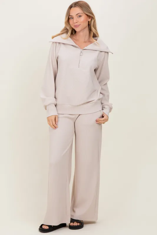 Cream RIbbed Half Zip Pullover Wide Leg Pant Set sold by Pinkblush