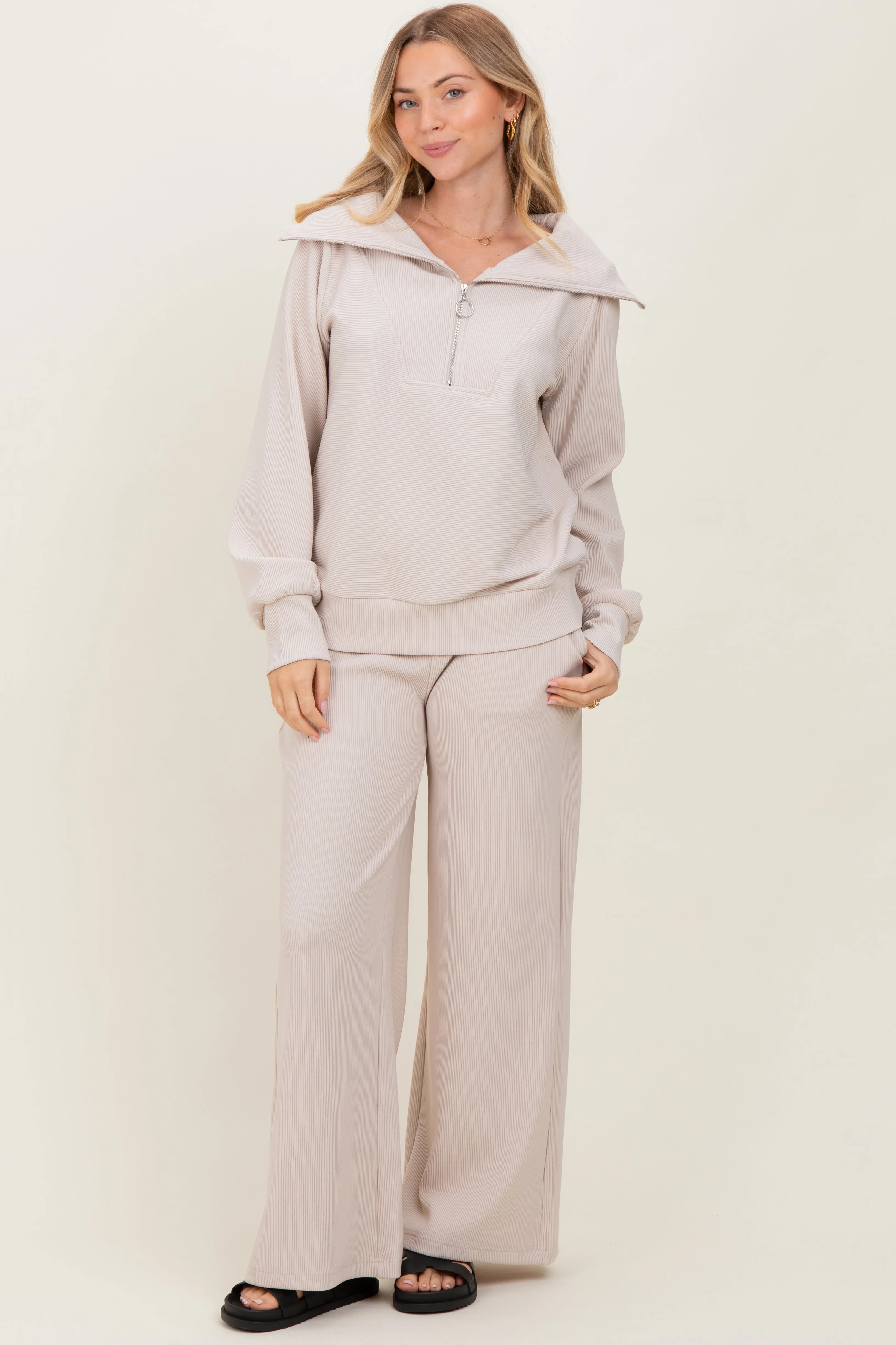 Cream RIbbed Half Zip Pullover Wide Leg Pant Set sold by Pinkblush