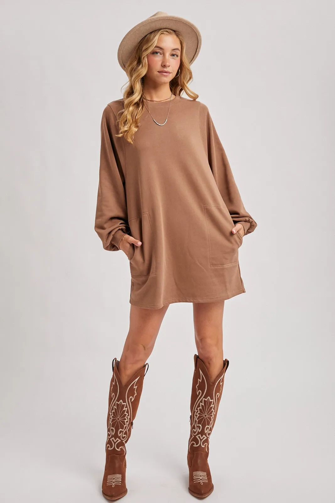 Mocha Bubble Sleeve Sweatshirt Mini Dress sold by Pinkblush product image thumbnail 4