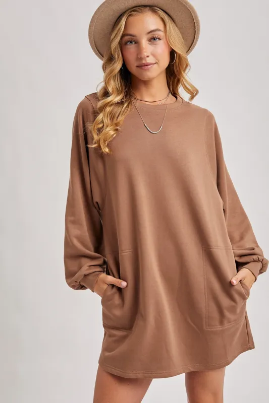 Mocha Bubble Sleeve Sweatshirt Mini Dress sold by Pinkblush