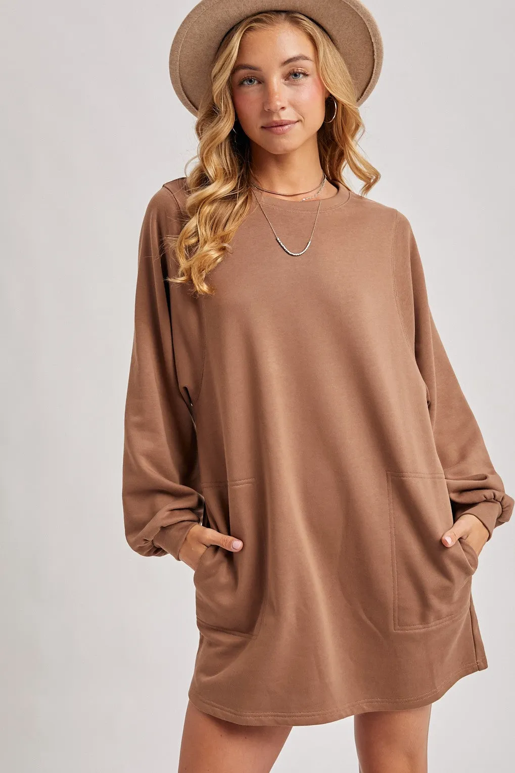 Mocha Bubble Sleeve Sweatshirt Mini Dress sold by Pinkblush