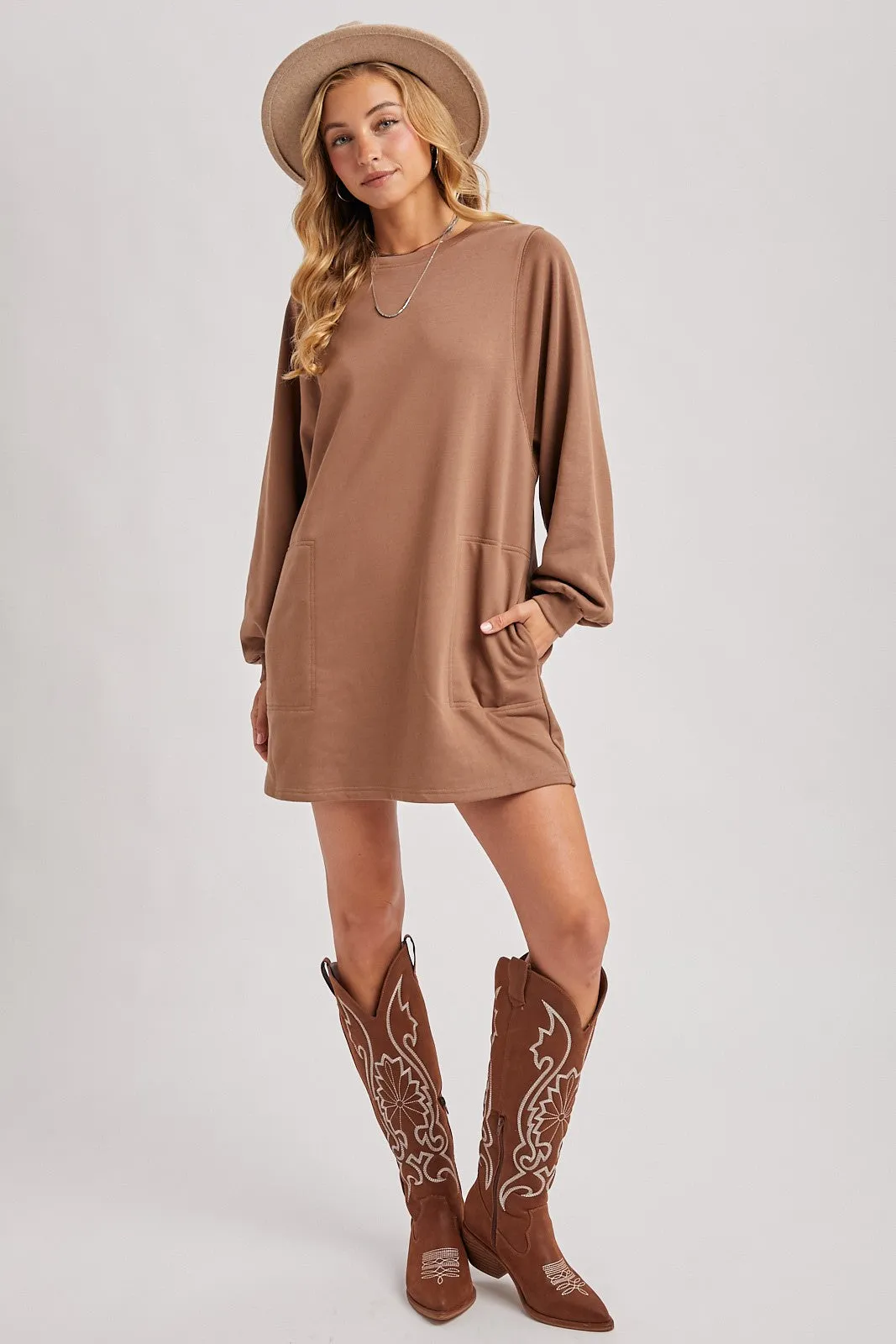 Mocha Bubble Sleeve Sweatshirt Mini Dress sold by Pinkblush product image thumbnail 5