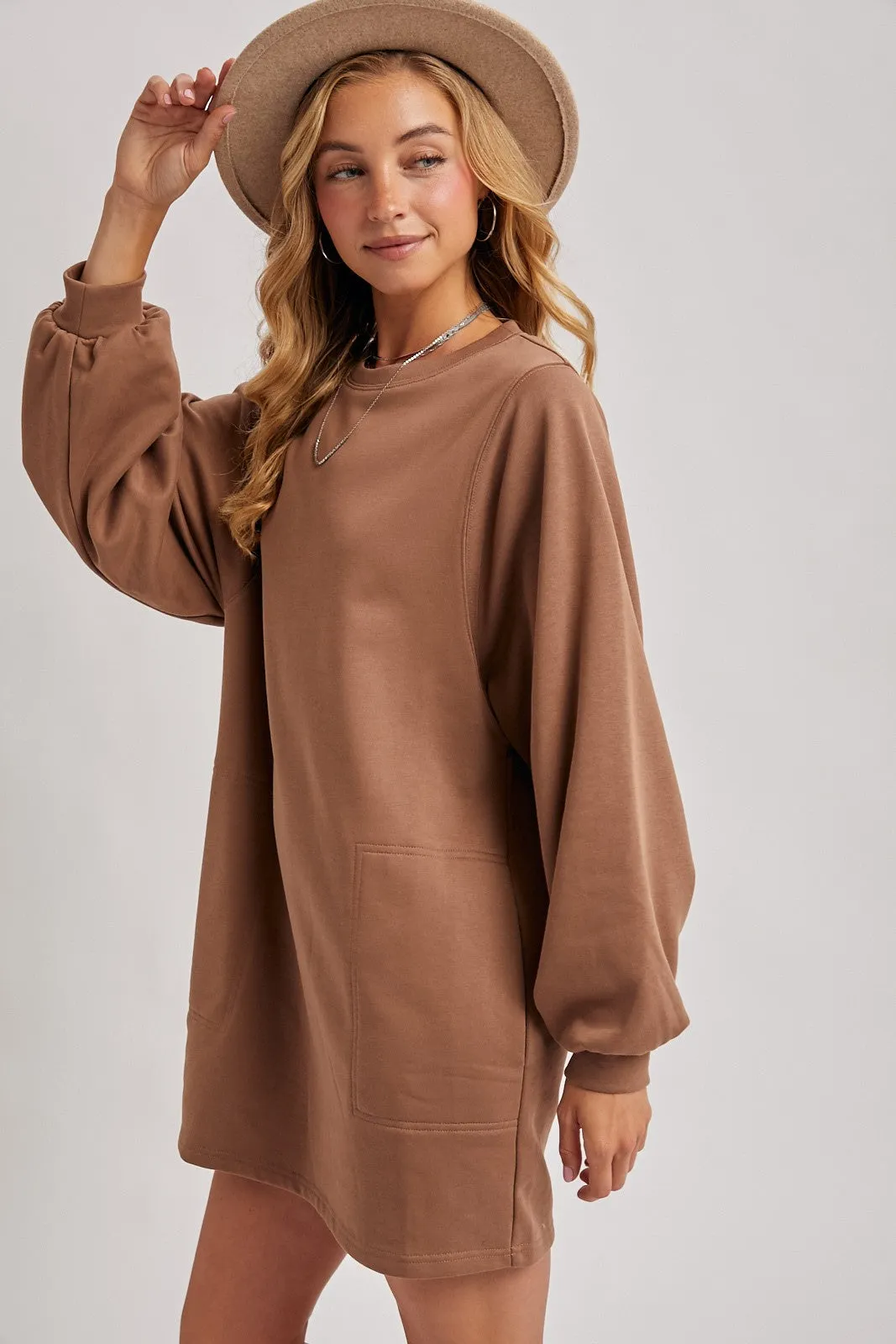 Mocha Bubble Sleeve Sweatshirt Mini Dress sold by Pinkblush product image thumbnail 2