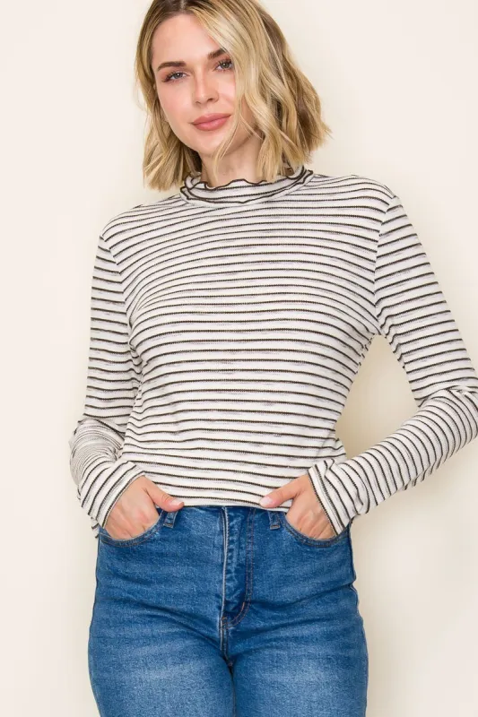 Olive Striped Ribbed Mock Neck Ruffle Hem Top sold by Pinkblush